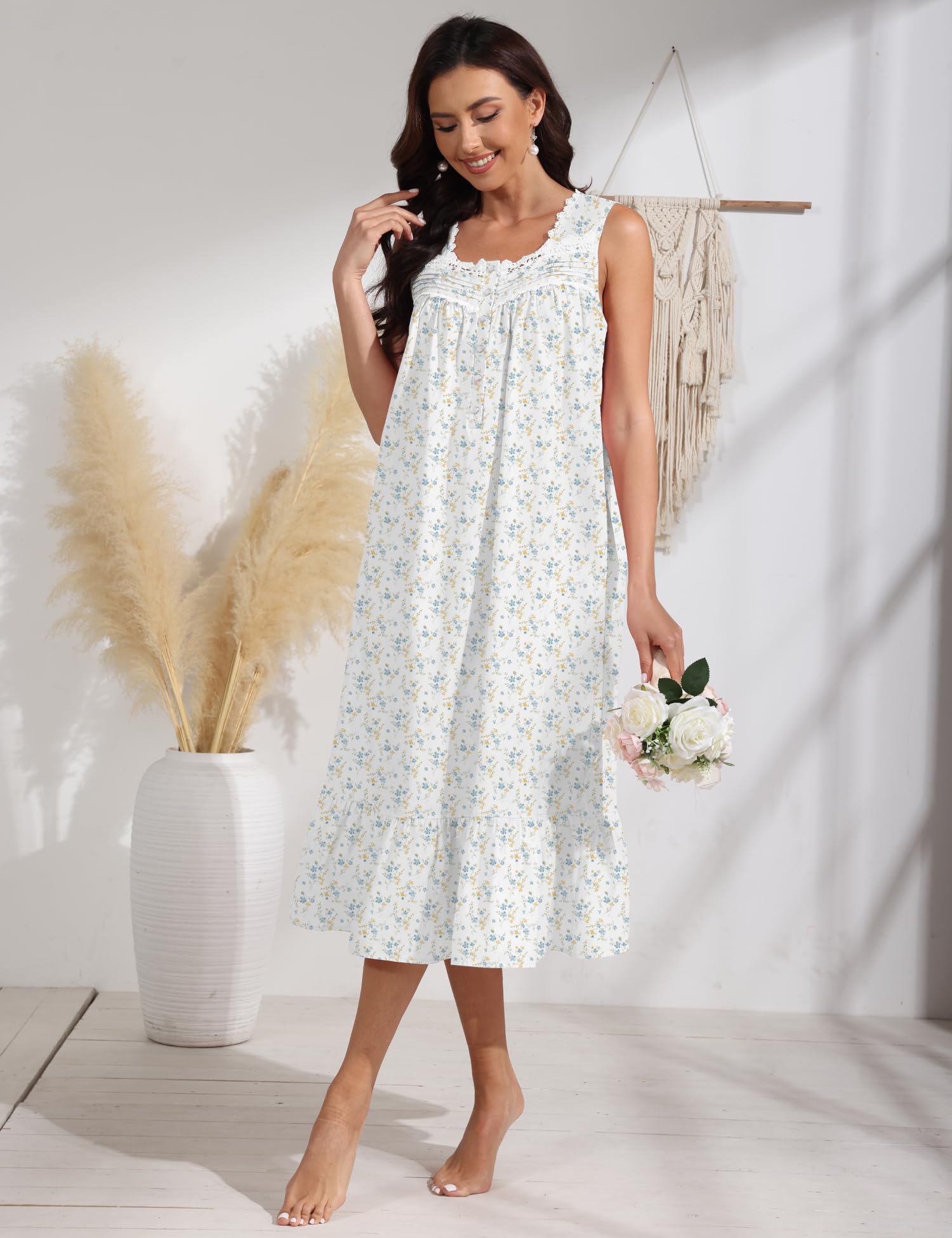 100% Cotton Floral Pearl Snap Nightgown for Women Sleeveless Victorian Sleep Dress Cotton Nightgowns with Pockets WEBE CLOTHING