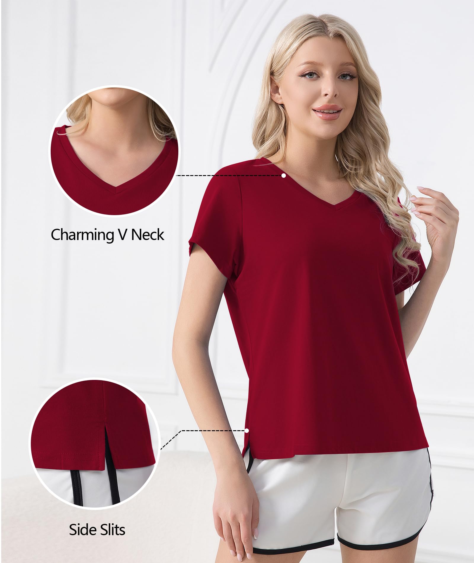 ENJOYNIGHT 2 Pack Womens Pajama Tops Cotton T-Shirt V-Neck Soft Sleep Pj Shirt Short Sleeves