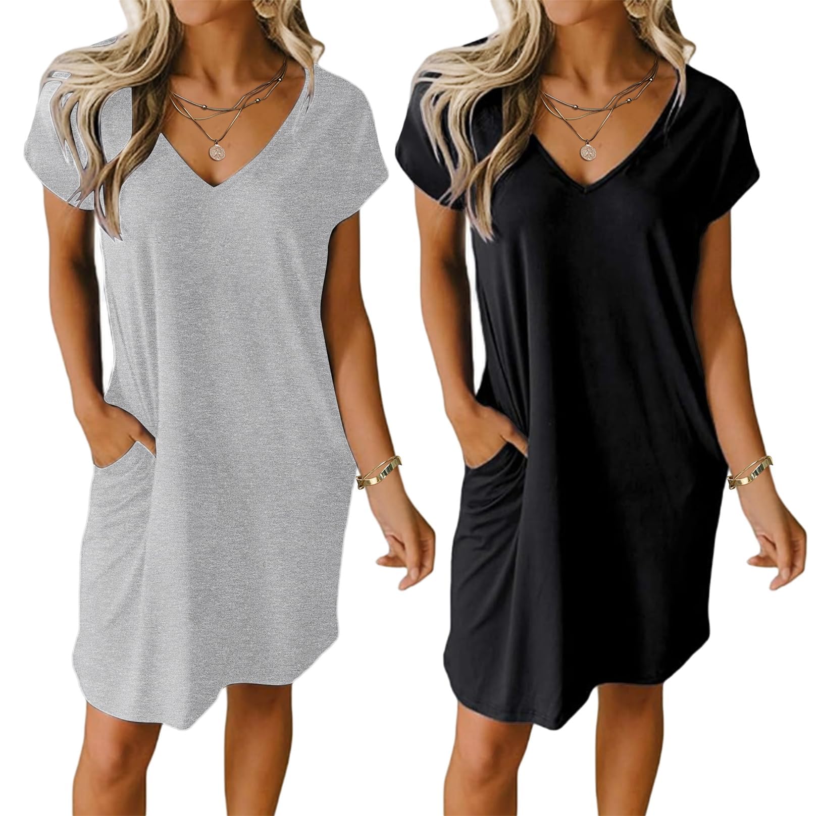 Ekouaer Womens 2 Pack Nightgown V Neck Sleepshirt Short Sleeve Nightshirt Plain/Floral Pajama Dress with Pockets