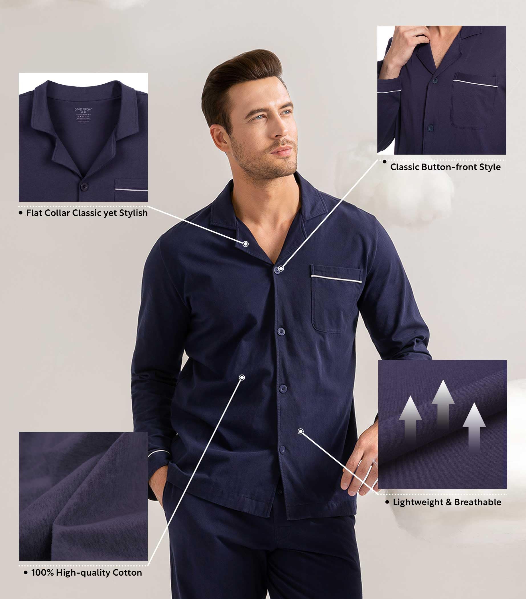 DAVID ARCHY Mens Pajamas Set Soft Cotton Notched Collar Pajamas for Men Long Sleeve Mens Sleepwear with Pockets & Front Fly WEBE CLOTHING