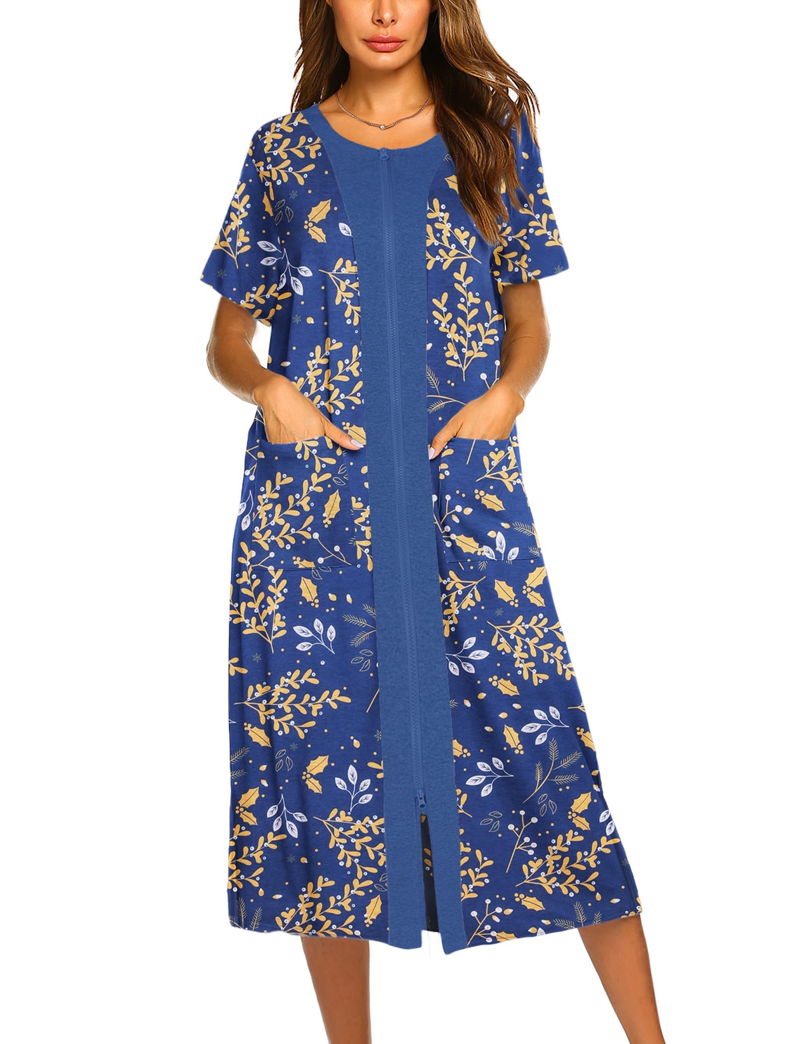 Ekouaer Robes For Women Zipper Bathrobe Short Sleeve Duster With Pockets | Zipper Front House Coat, Lightweight Sleepwear, Plus Size Loungewear, Ladies Nightgown for Mother, Postoperative Gown, Sleep