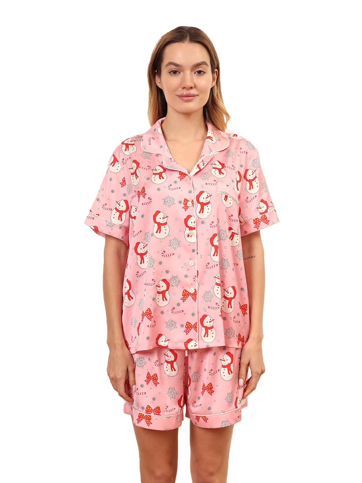 Christmas Pajamas Shorts Silk Pjs Women Satin Pajama Cute Print Tee and Shorts Gift Sleepwear 2 Pieces Loungewear