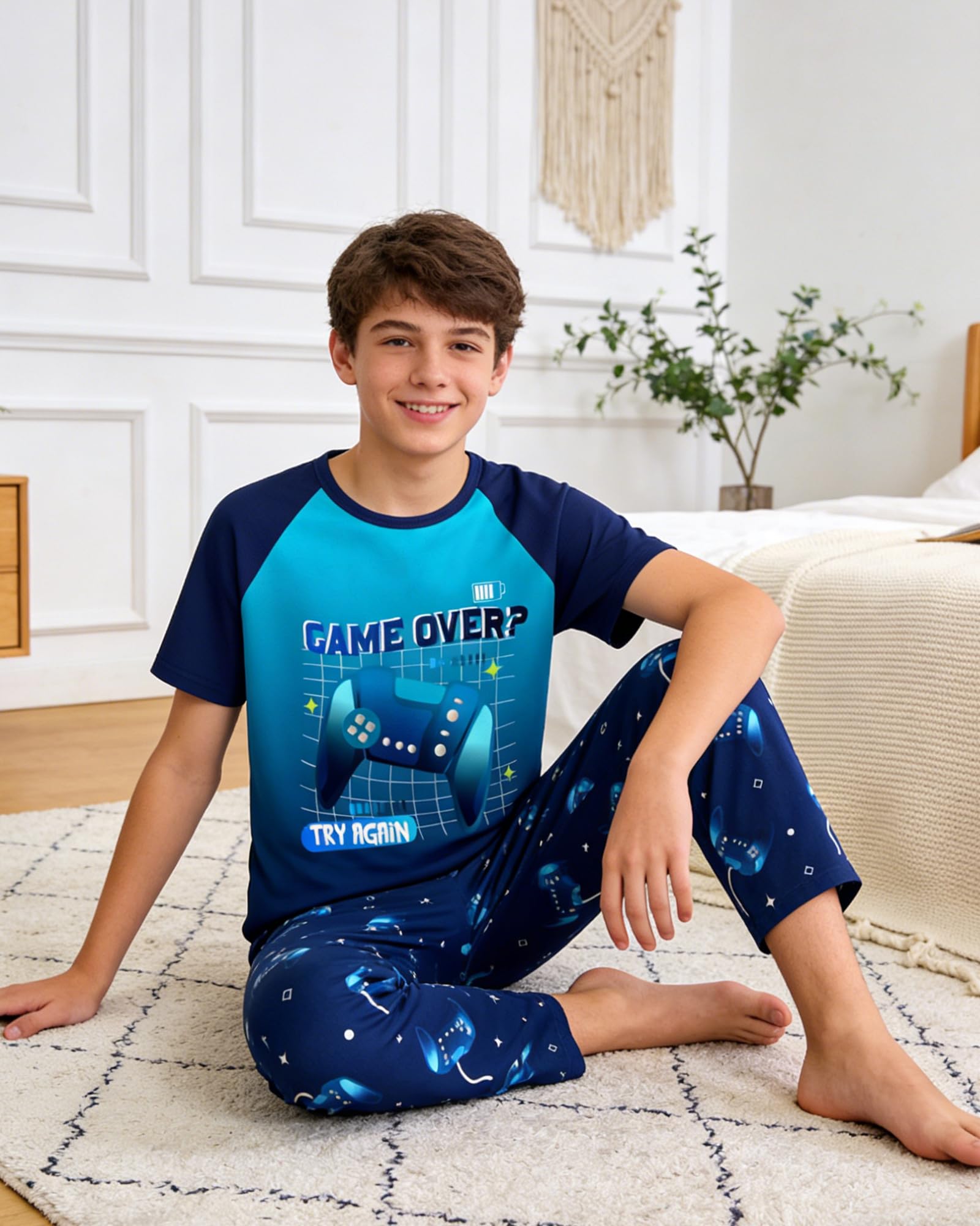 Fiodrimy Boys Pajamas Little Big Boys Short Sleeves and Pants Pajamas 2-Piece Pjs Set Kids Sleepwear Size 8-14