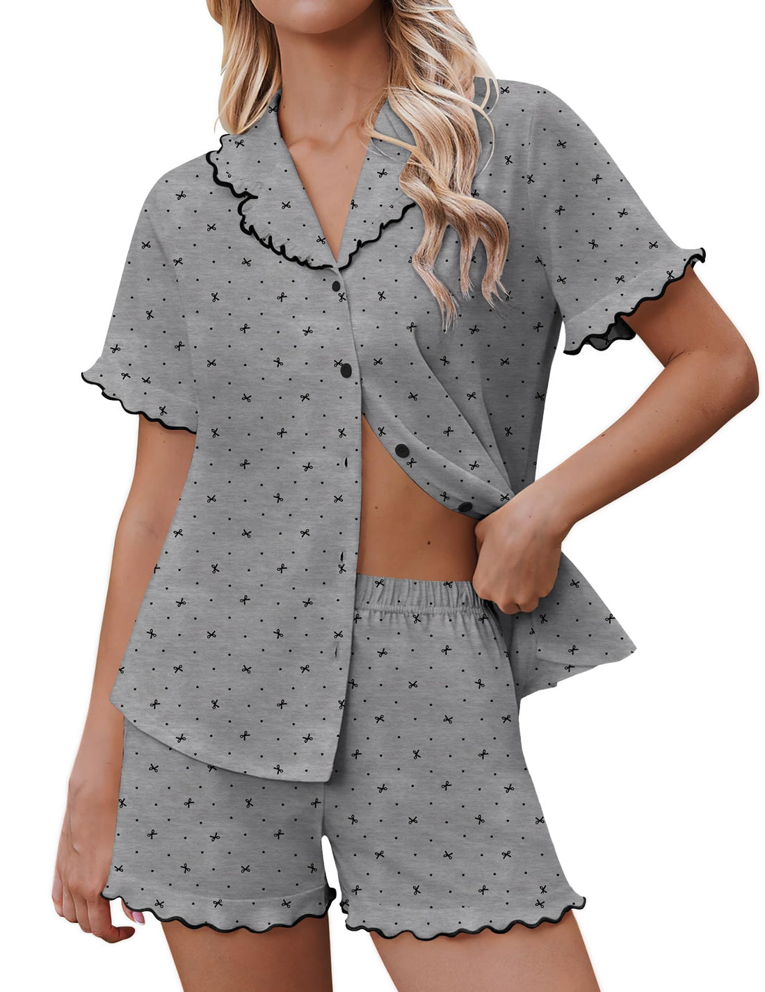 Ekouaer Pajamas for Women Sets Cute Pjs Button Down 2 Piece Short Sleeve Ruffle Lounge Set Sleepwear WEBE CLOTHING