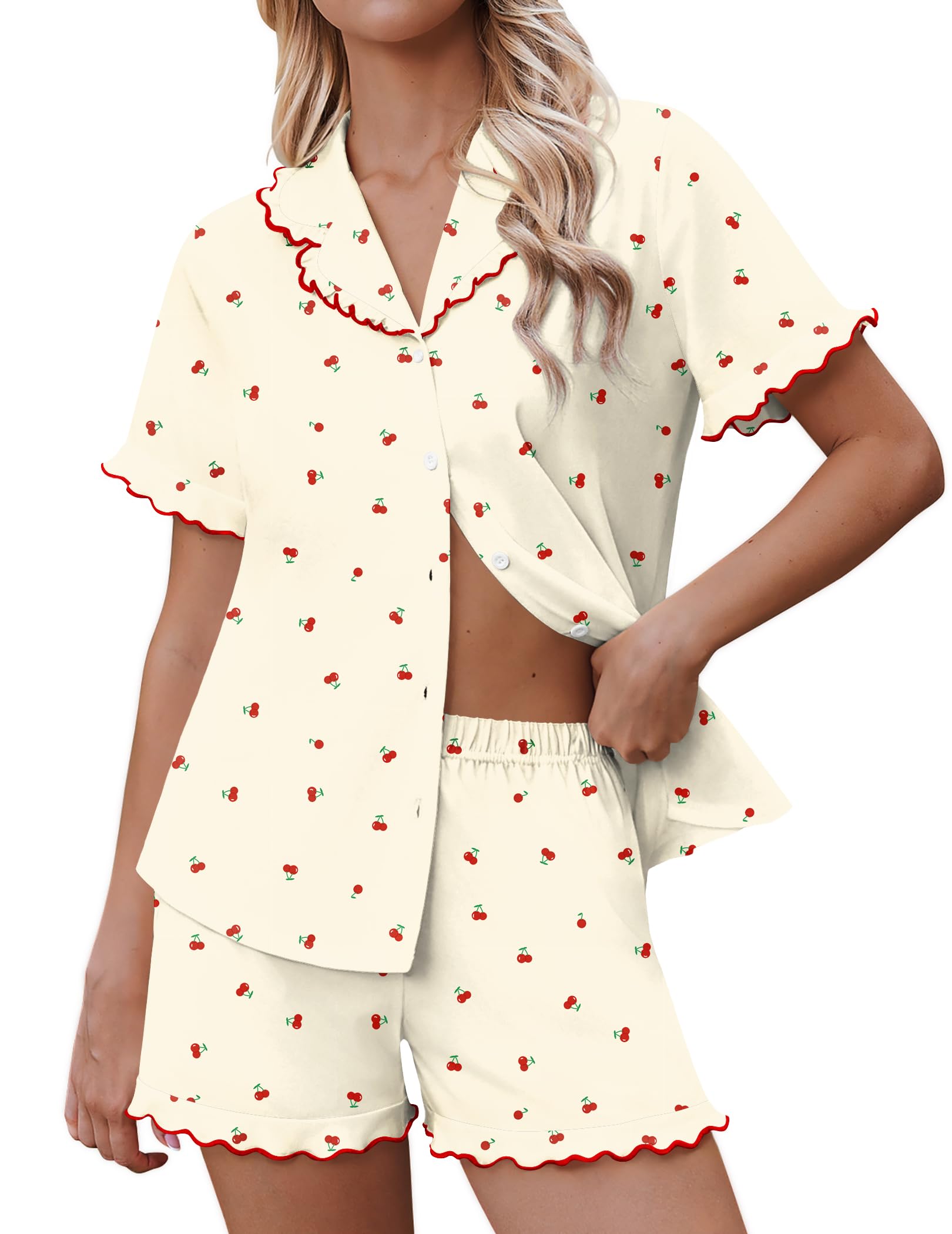 Ekouaer Pajamas for Women Sets Cute Pjs Button Down 2 Piece Short Sleeve Ruffle Lounge Set Sleepwear WEBE CLOTHING
