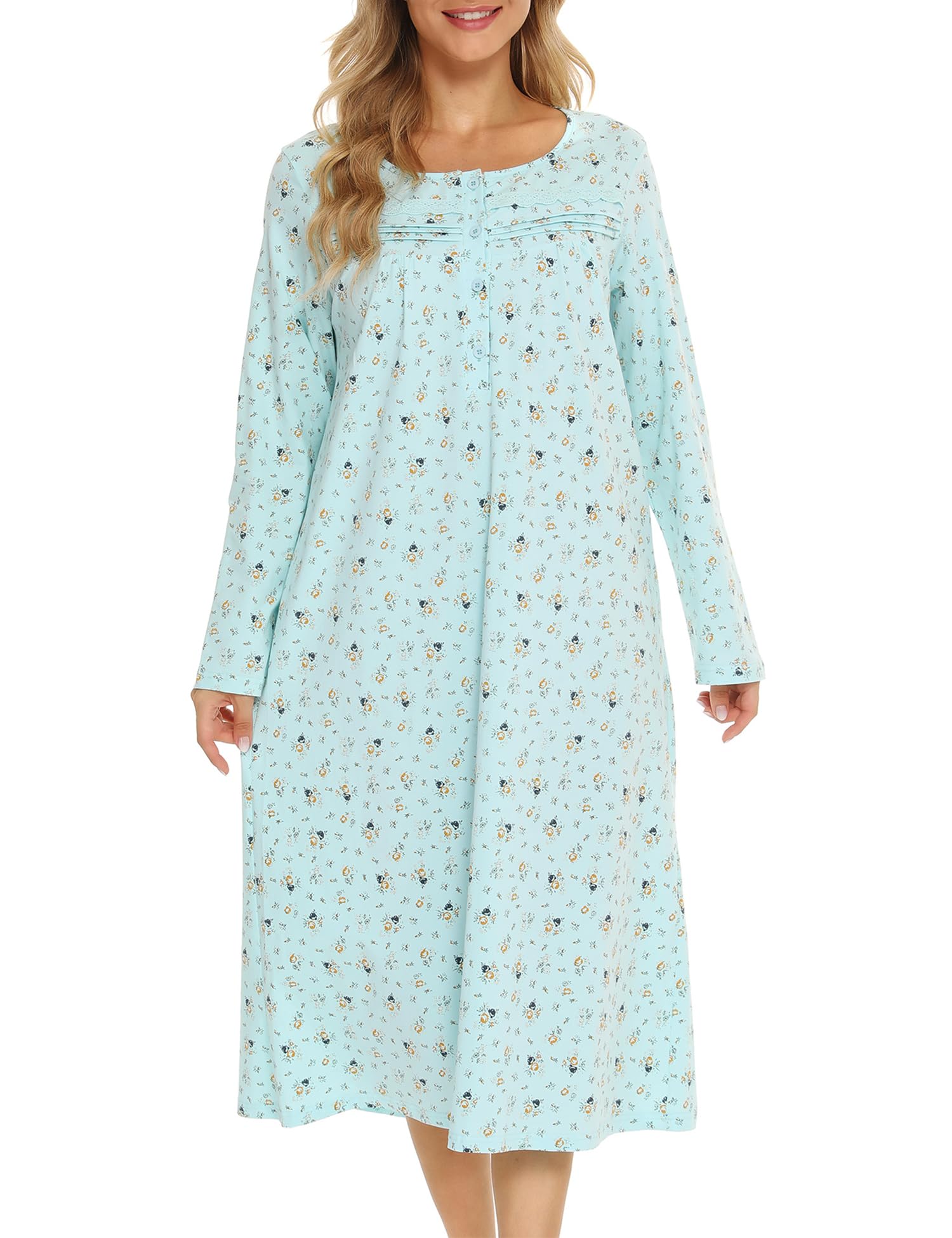 Bloggerlove Nightgowns for Women 100% Cotton Soft House Dress | 100 Full Cotton, Button Neck, Knee Length, Lace Trim Floral, Breathable, Skin-frieend, Loose Fit, Comfy Sleepwear WEBE CLOTHING