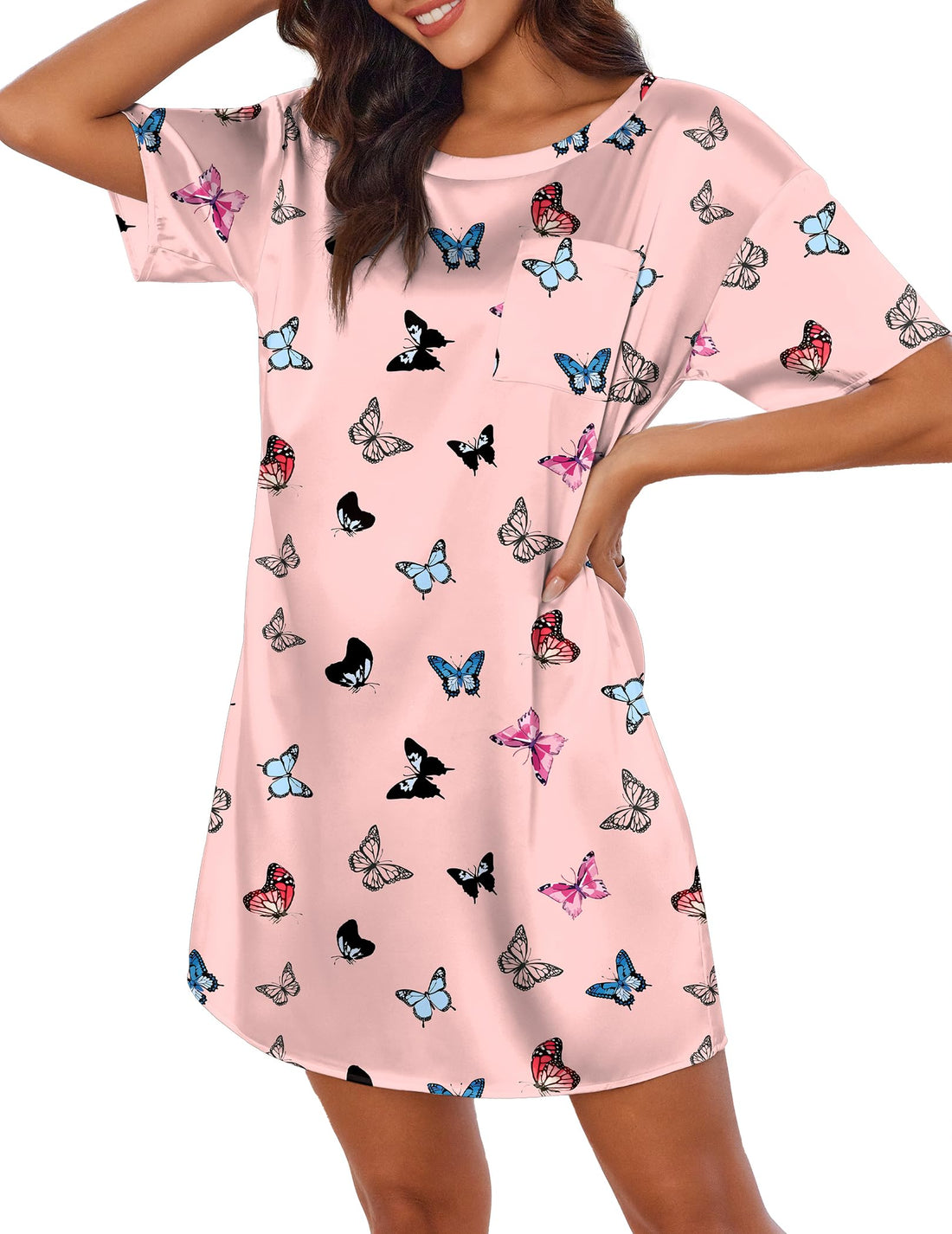 Ekouaer Silk Sleep Shirts for Women Satin Nightshirt Tshirt Nightgown Short Sleeve Round Neck Sleepwear with Pocket S-2XL