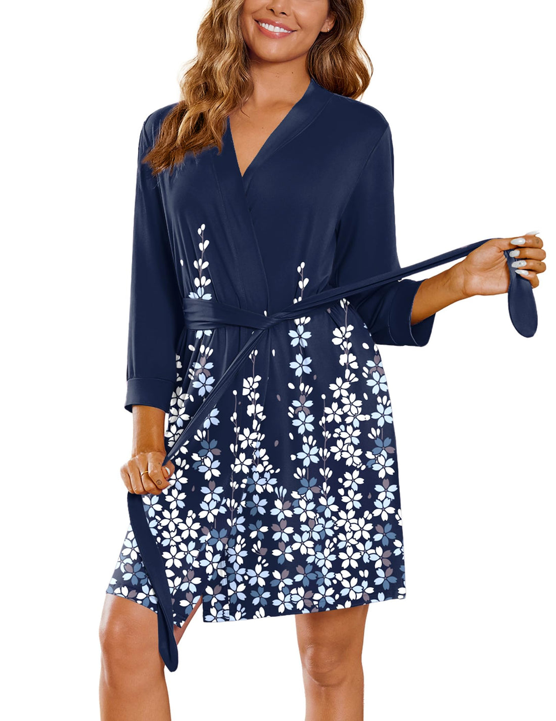 Ekouaer Women‘s Robes Lightweight 3/4 Sleeve Short Knit Bathrobe Soft Knee Length Sleepwear Robes with Pockets S-XXL
