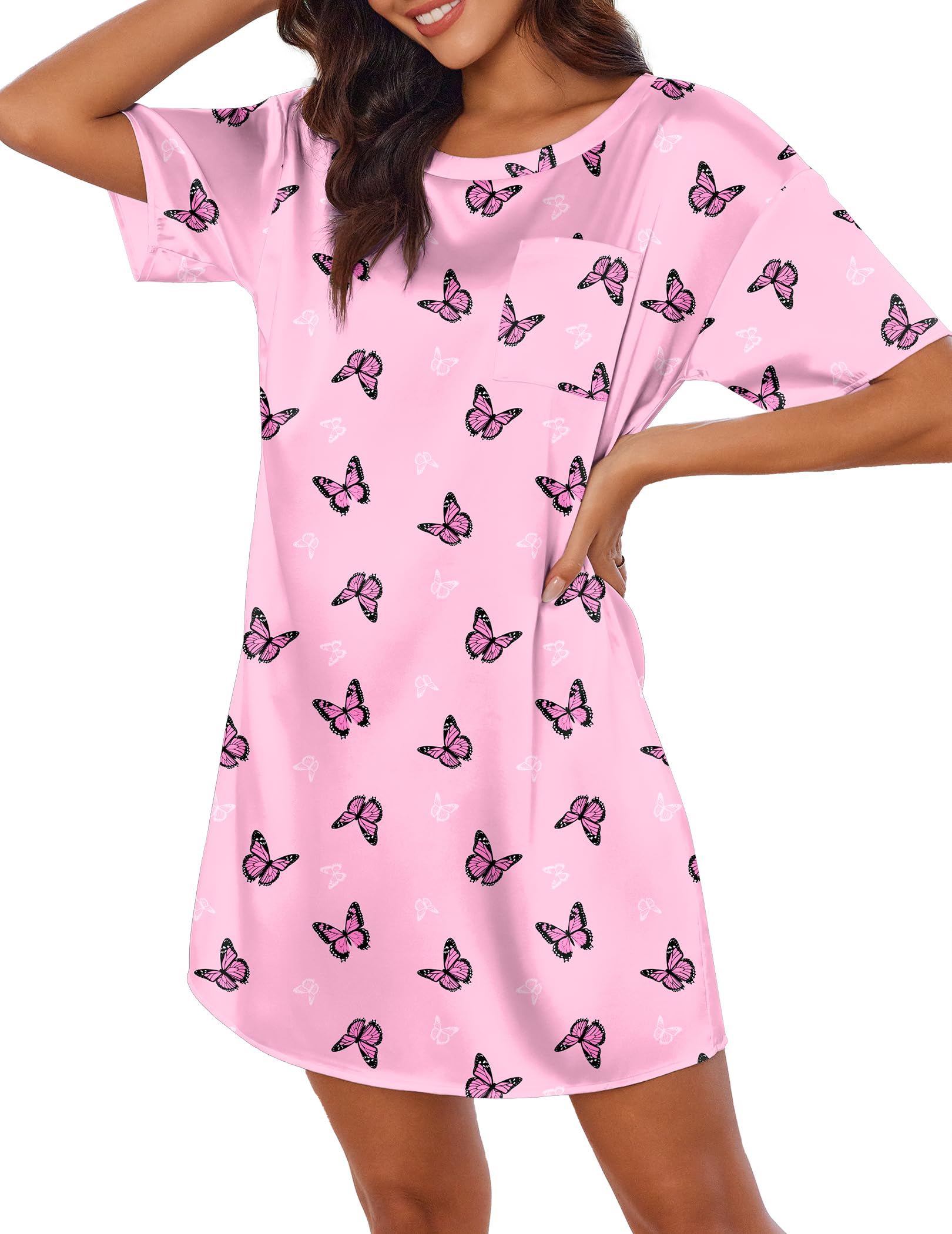 Ekouaer Silk Sleep Shirts for Women Satin Nightshirt Tshirt Nightgown Short Sleeve Round Neck Sleepwear with Pocket S-2XL