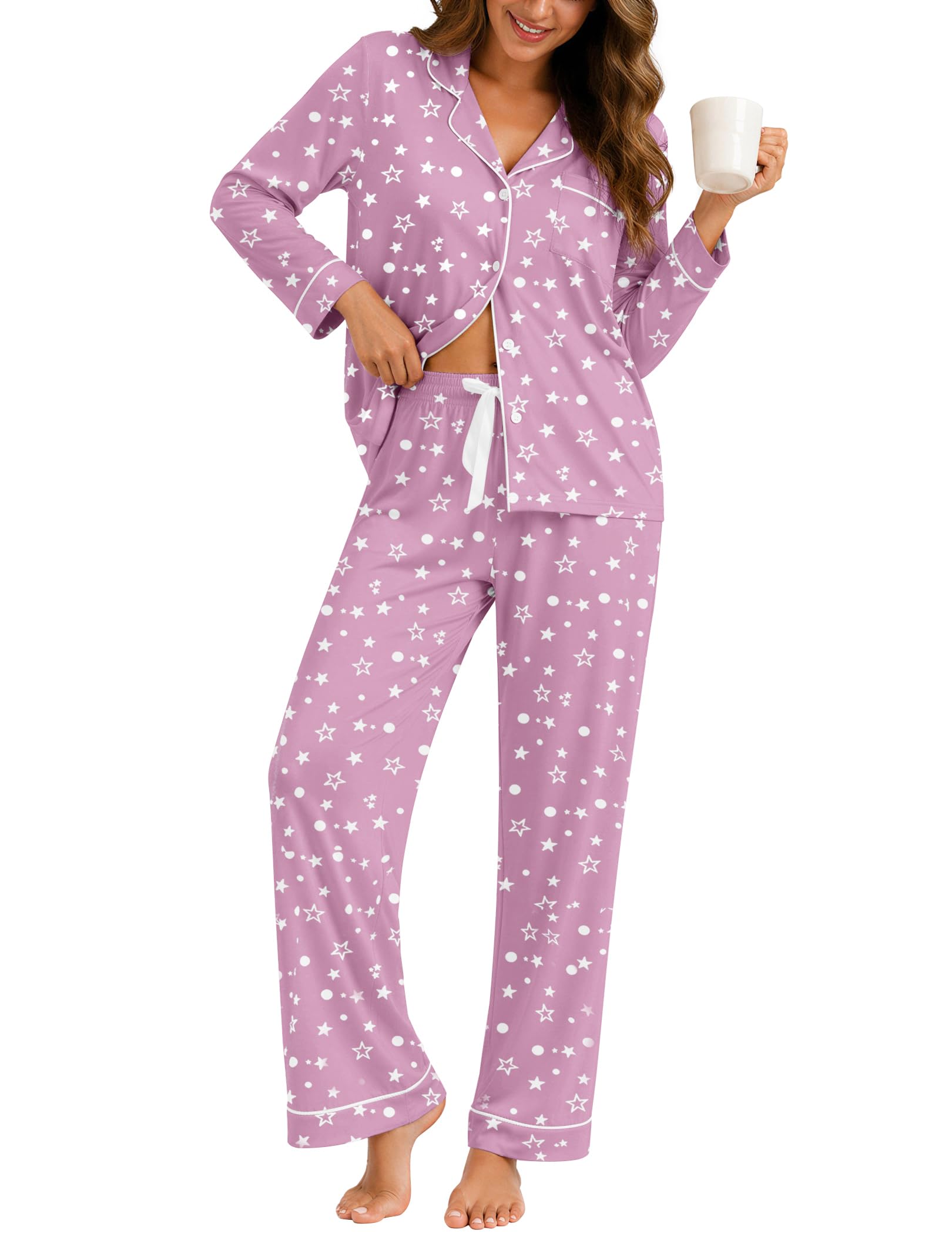 ZMJ Womens Pajamas Sets 2 Piece Long Sleeve and Pant Pj Sets Button Up Sleepwear
