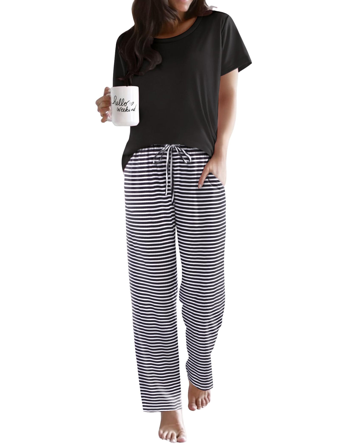 Ekouaer Pajama Sets for Women Round Neck Pjs Short Sleeve Sleepwear with Long Pants Loose Lounge Sets