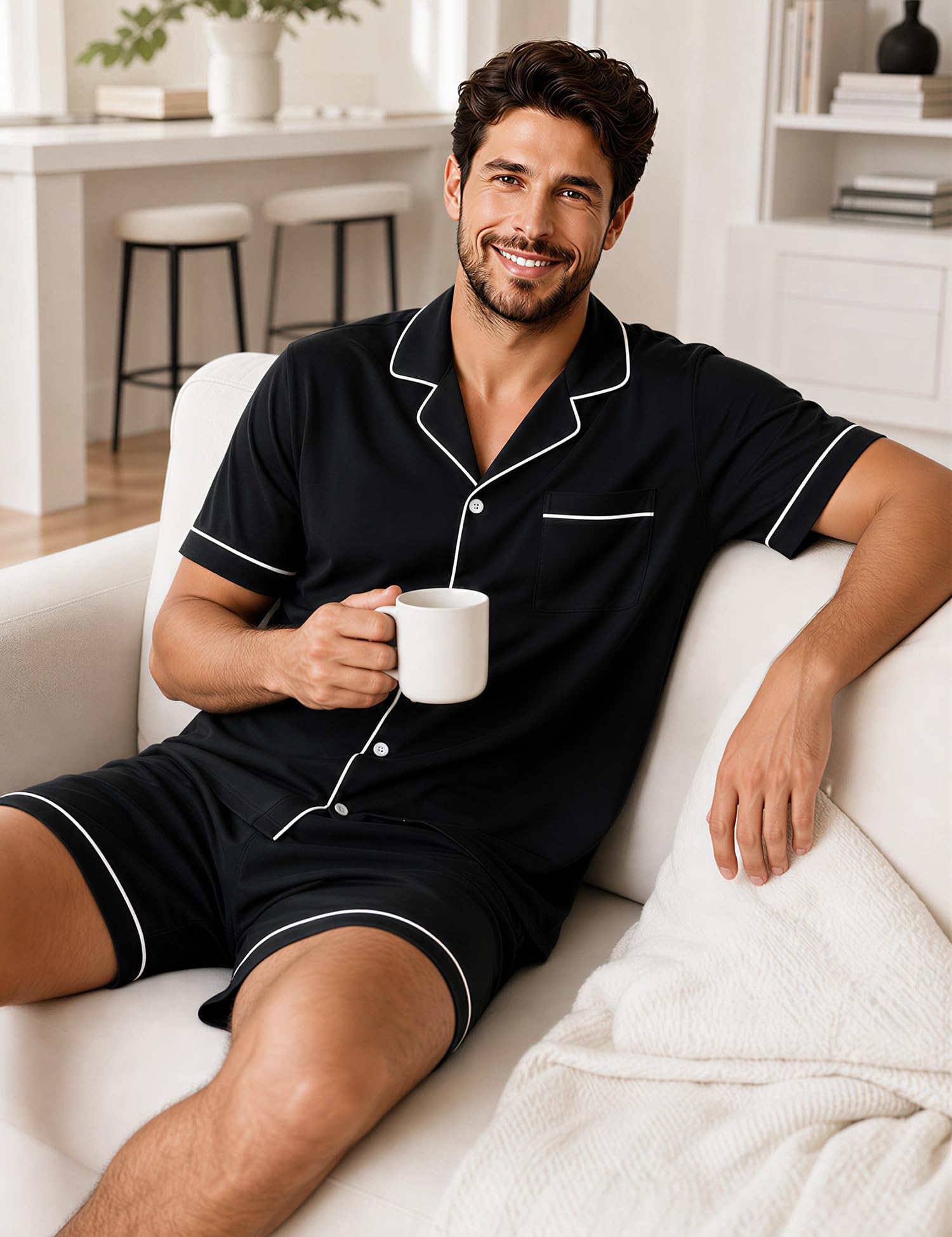 SWOMOG 100% Cotton Mens Pajama Set Short Sleeve Sleepwear Button Down Loungewear 2 PCS Cotton Pjs Set with Pockets WEBE CLOTHING