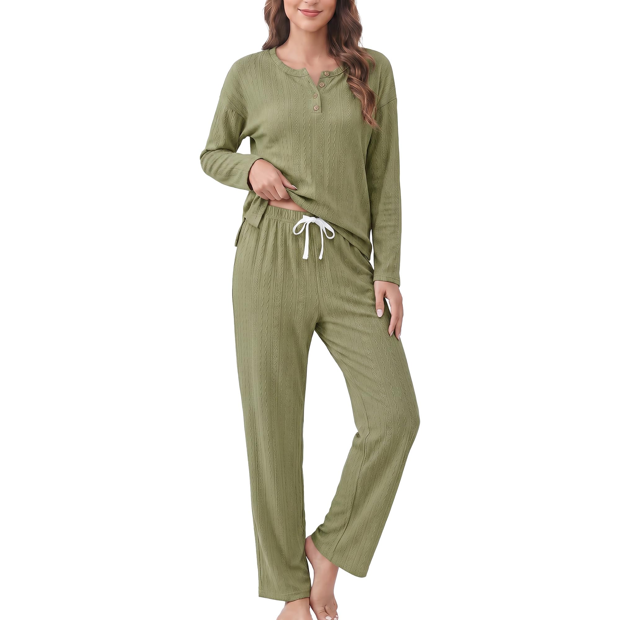 U2SKIIN Soft Pajama Set for Women Cable Knit Loungewear Henley Neck Long Sleeve Comfy Sleepwear with Pockets All Season