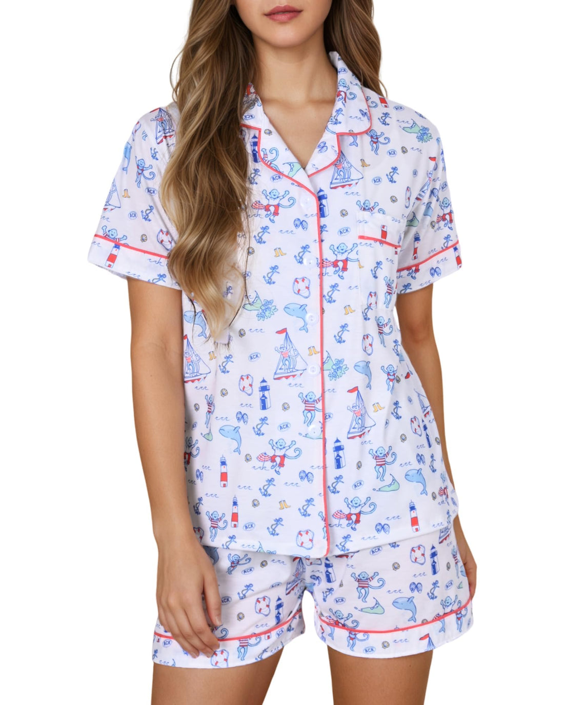 Women Y2k Pajamas Set Cute Preppy 2PCS Button Down Holiday Monkey Shorts Summer Outfit Beach Vacation Loungewear PJs WEBE CLOTHING