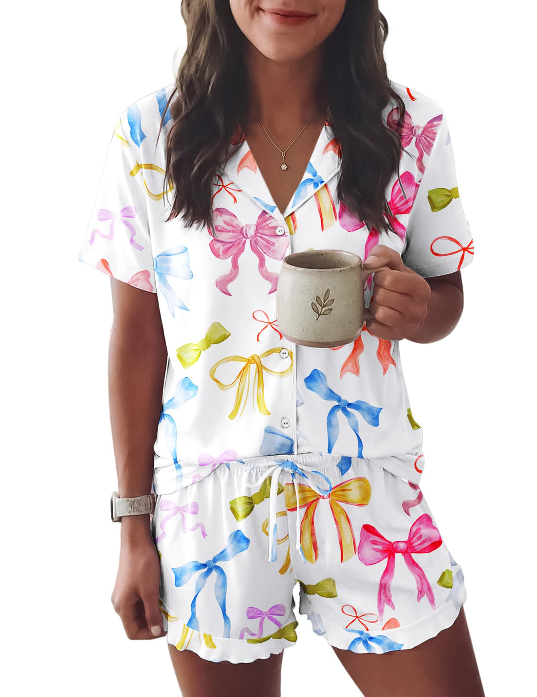 Ekouaer Womens Pajama Sets Button Down Short Sleeve Top and Shorts Cute Ruffled Pjs Sets Sleepwear