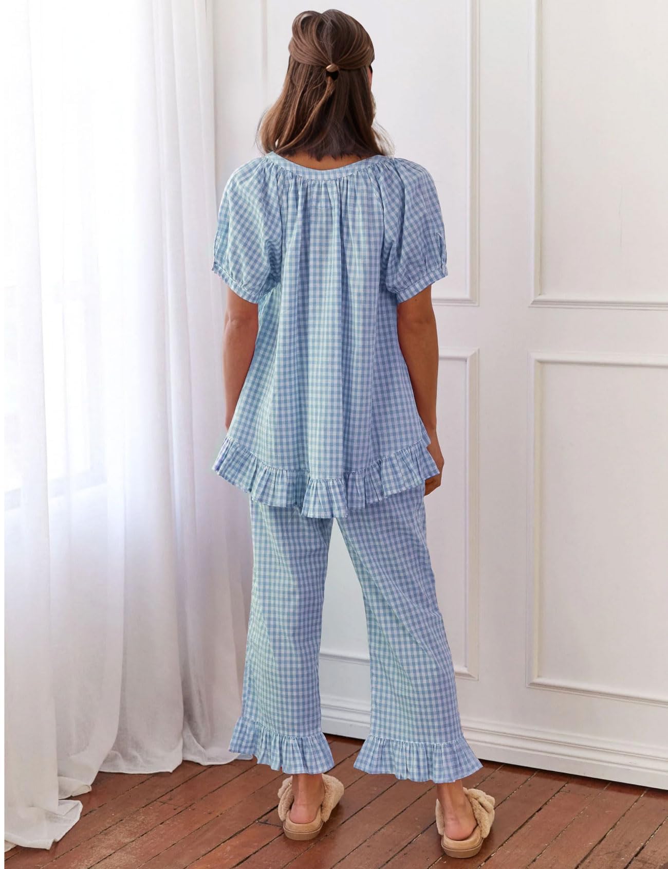 Flygo Womens Plaid 2 Piece Pajamas Sets Gingham Button Down Puff Sleeve Babydoll Shirt Ruffle Pants Y2K Pjs Lounge Set WEBE CLOTHING