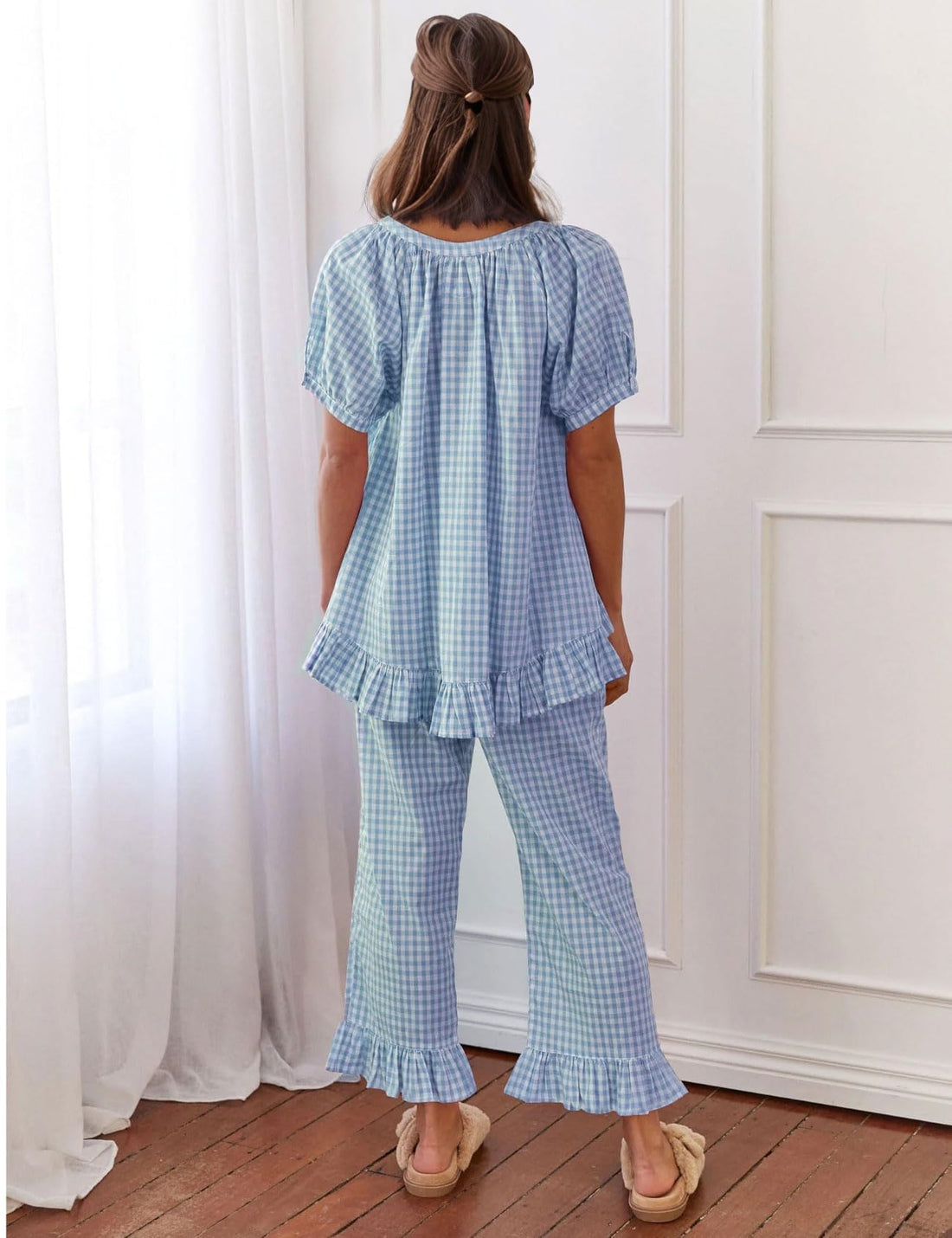 Flygo Womens Plaid 2 Piece Pajamas Sets Gingham Button Down Puff Sleeve Babydoll Shirt Ruffle Pants Y2K Pjs Lounge Set WEBE CLOTHING