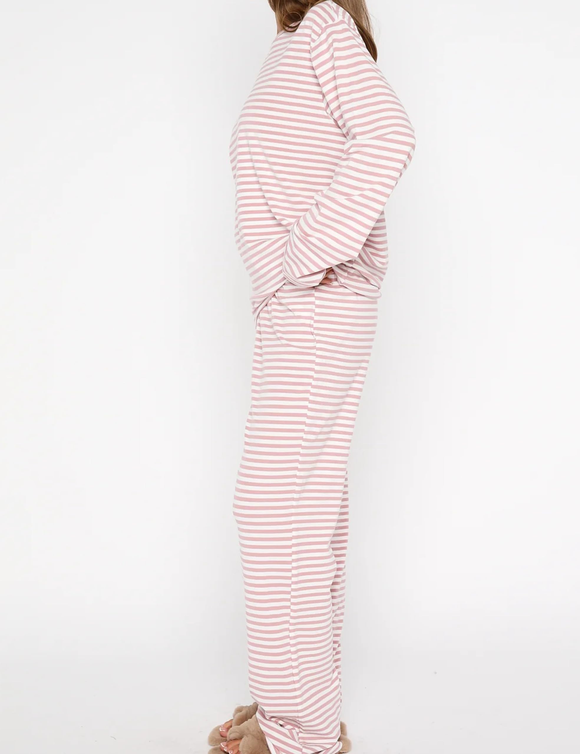 MISSACTIVER Women's Striped 2 Piece Lounge Set Casual Long Sleeve T-Shirt Drawstring Wide Leg Pants Matching Pajamas Set