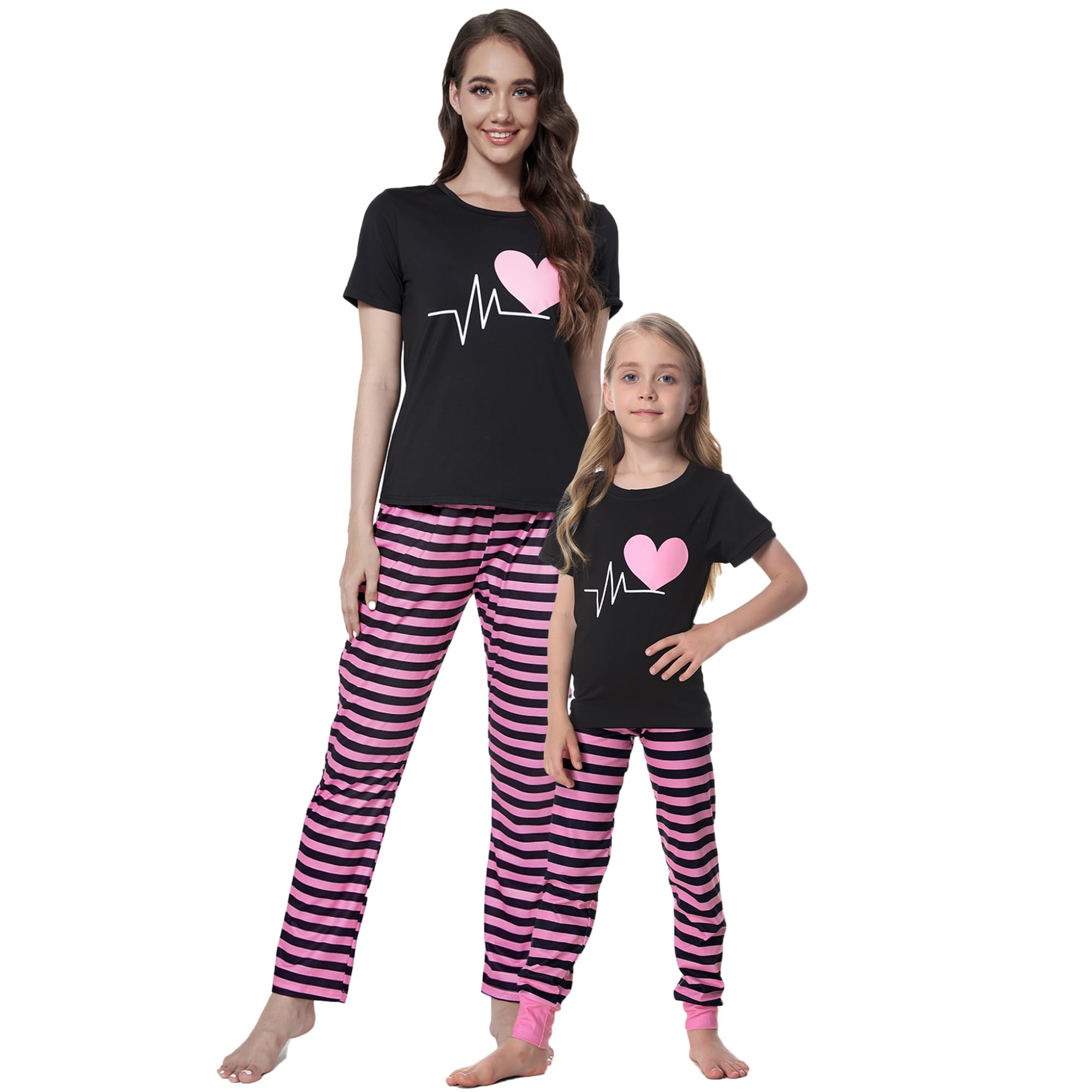 MyFav Mommy and Me Pajamas Heart Print Sleepwear Family Matching Short Sleeve Nightwear