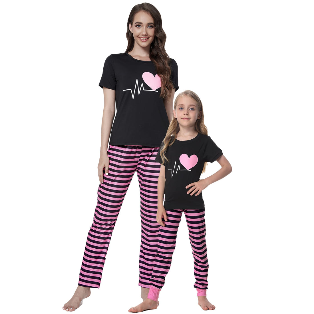 MyFav Mommy and Me Pajamas Heart Print Sleepwear Family Matching Short Sleeve Nightwear