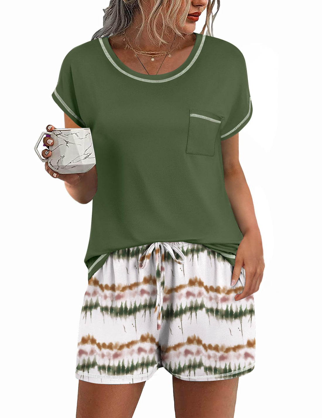 Ekouaer Womens Pajama Sets 2 Piece Soft Short Sleeve Top and Shorts Sleepwear Round Neck Pjs Lounge Set with Pockets