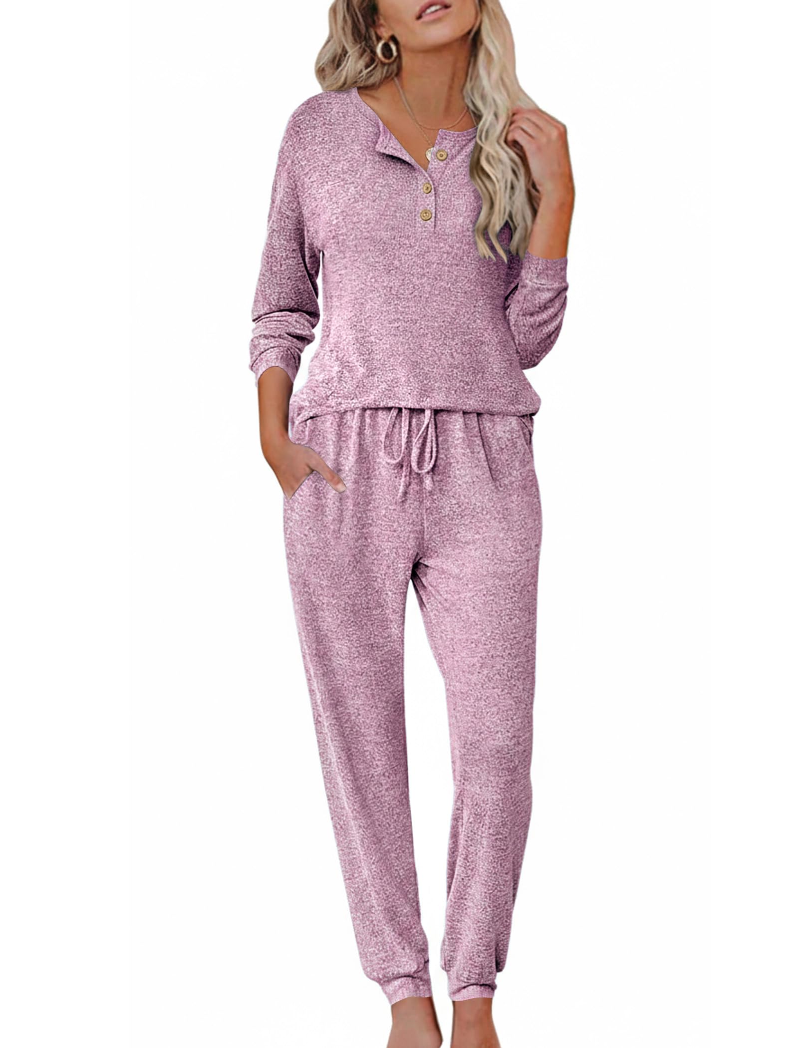 Ekouaer Womens Pajama Sets Long Sleeve Lounge Set 2 Piece Pj Sets for Women Henley Neck Casual Sleepwear Loungewear S-XXL