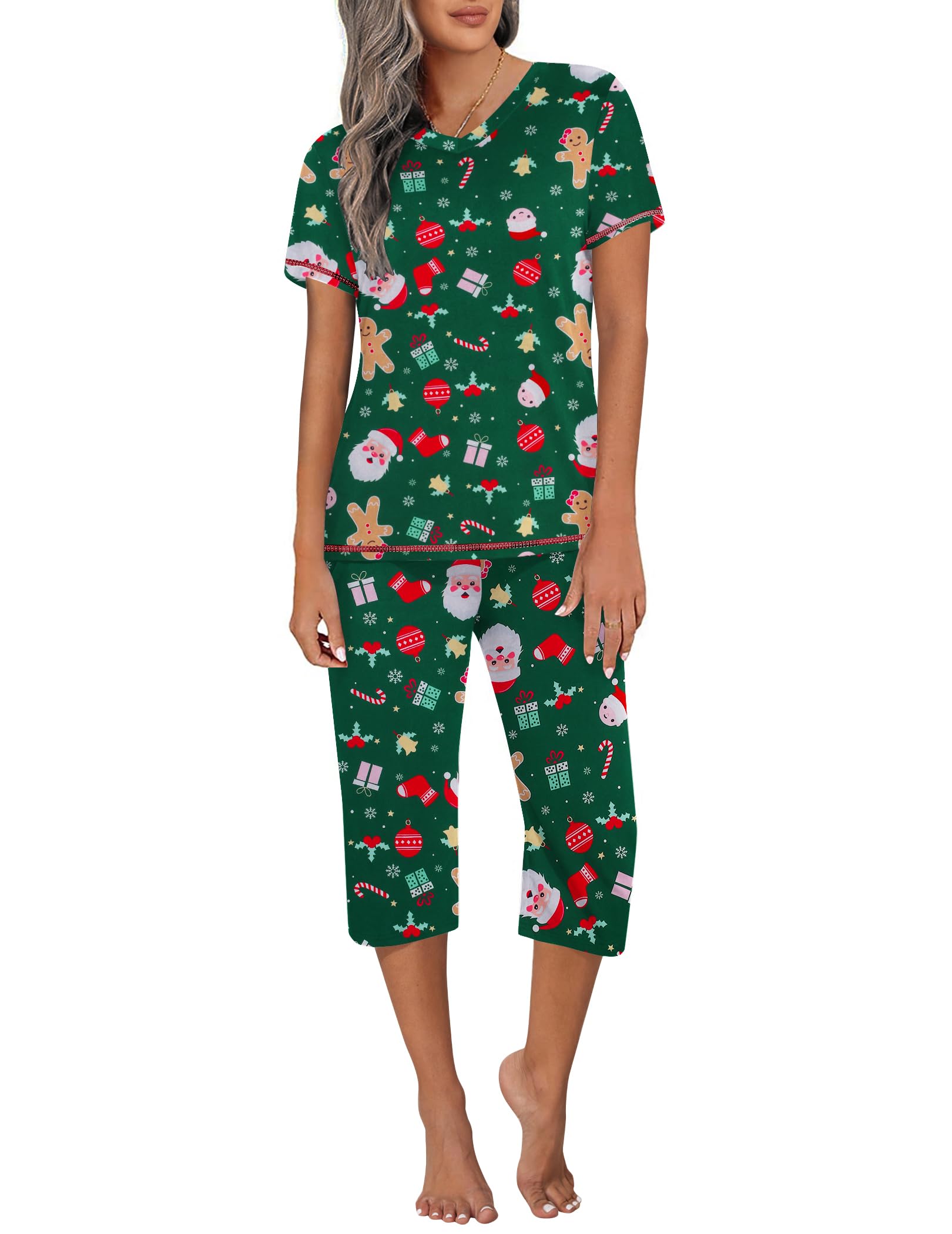 Ekouaer Women's Sleepwear Capri Pajama Sets Short Sleeve Two-Piece Pjs V Neck Tops & Capri Pants with Pockets S-3XL