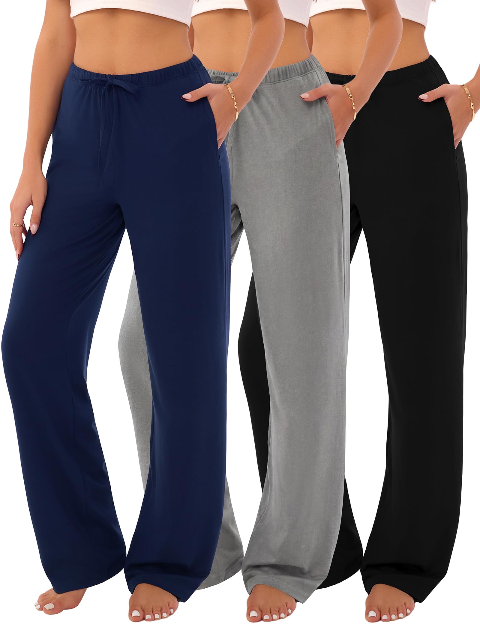 3-Pack Womens Pajama Pants with Drawstring, Soft Sleep & Lounge Pants