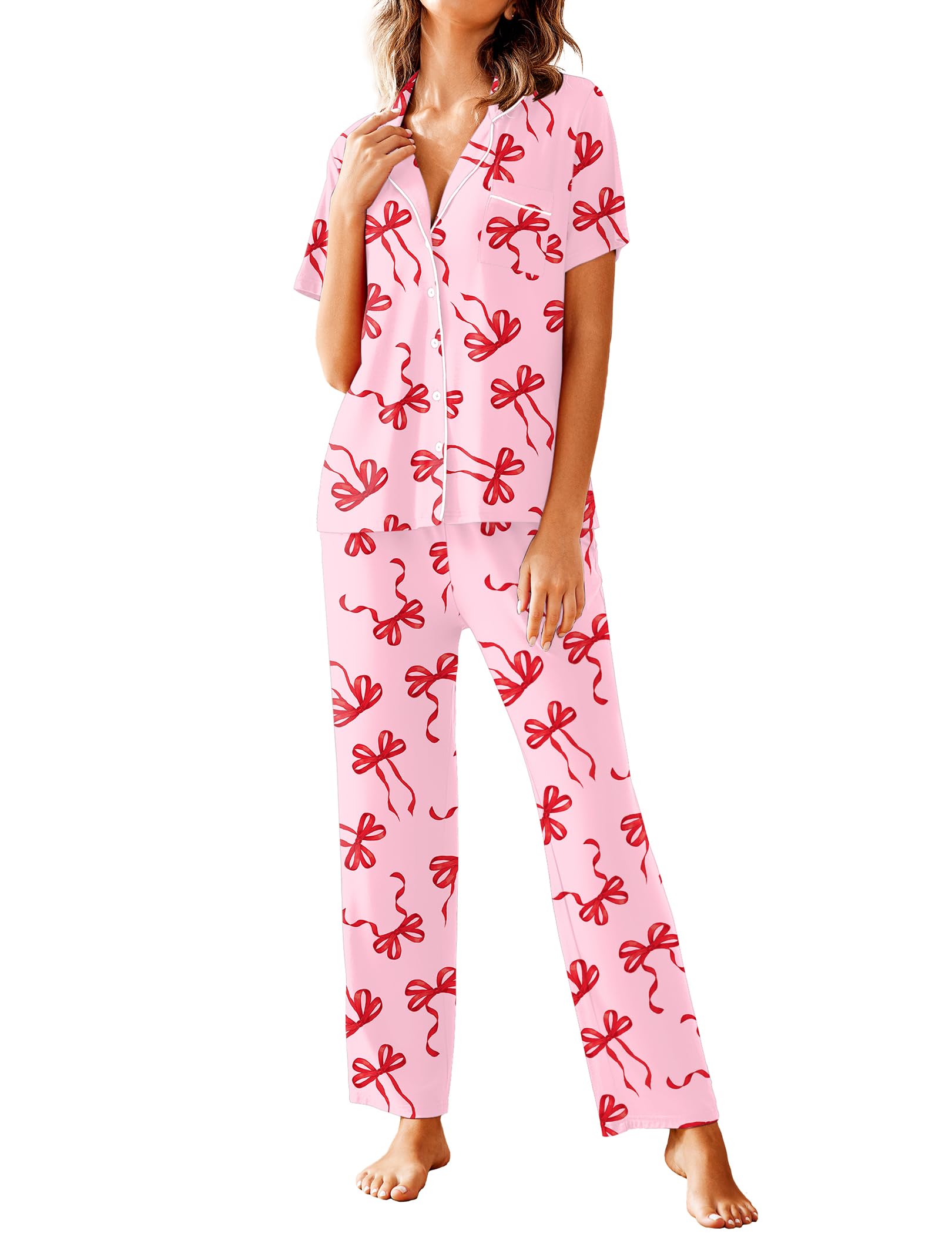 Avidlove Women Pajamas Set Notch Collar Soft Sleepwear Pjs Short Sleeve Button Down Nightwear with Long Pants WEBE CLOTHING