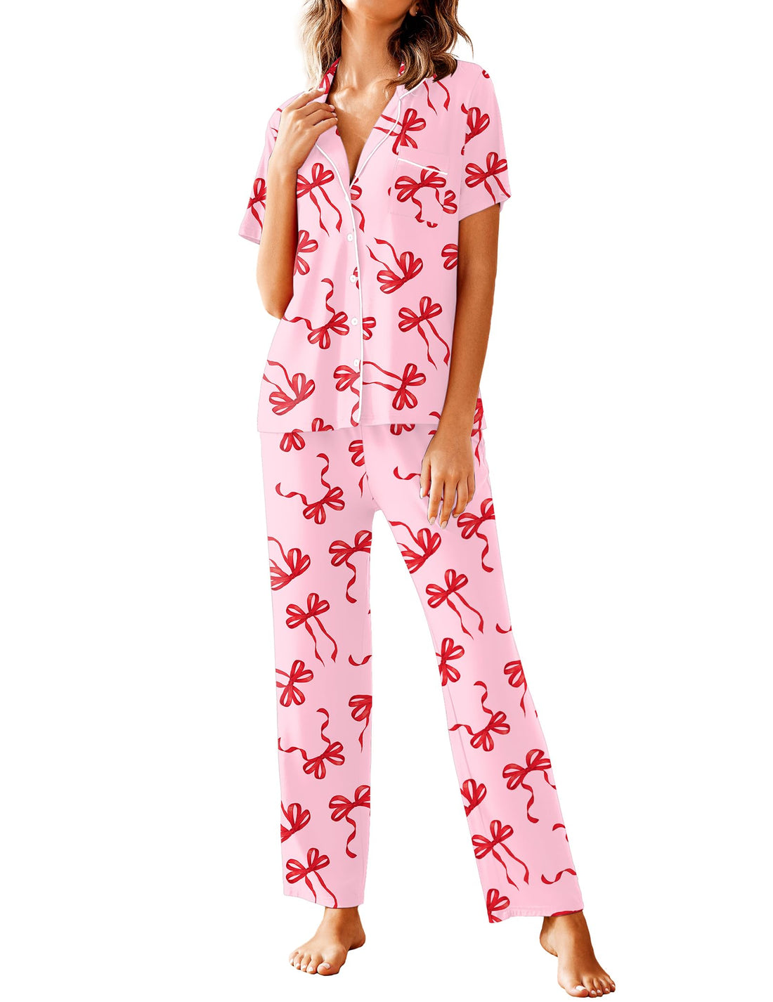 Avidlove Women Pajamas Set Notch Collar Soft Sleepwear Pjs Short Sleeve Button Down Nightwear with Long Pants WEBE CLOTHING