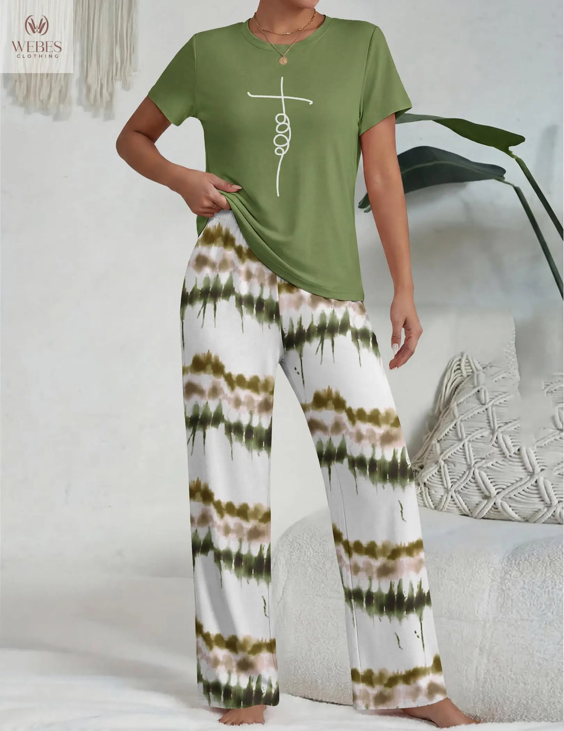 Ekouaer Pajama Set for Women 2 Piece Pjs Short Sleeve Top and Printed Pants | Womens Round Neck Lounge Sets Short Sleeve Sleepwear with Loose Pants for Daily Wear, Home Lounging, Casual Errands WEBE CLOTHING