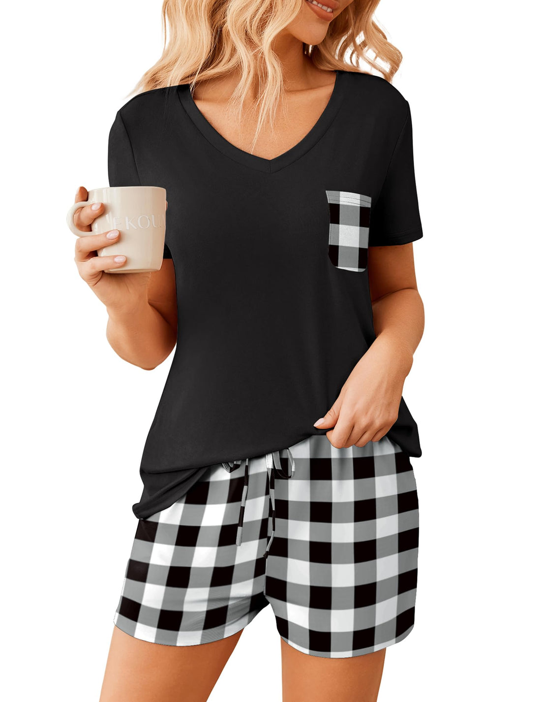 Ekouaer Womens Pajama Sets Short Sleeve Pajamas for Women Sets Soft Lounge Sets Casual V Neck Sleepwear PJS