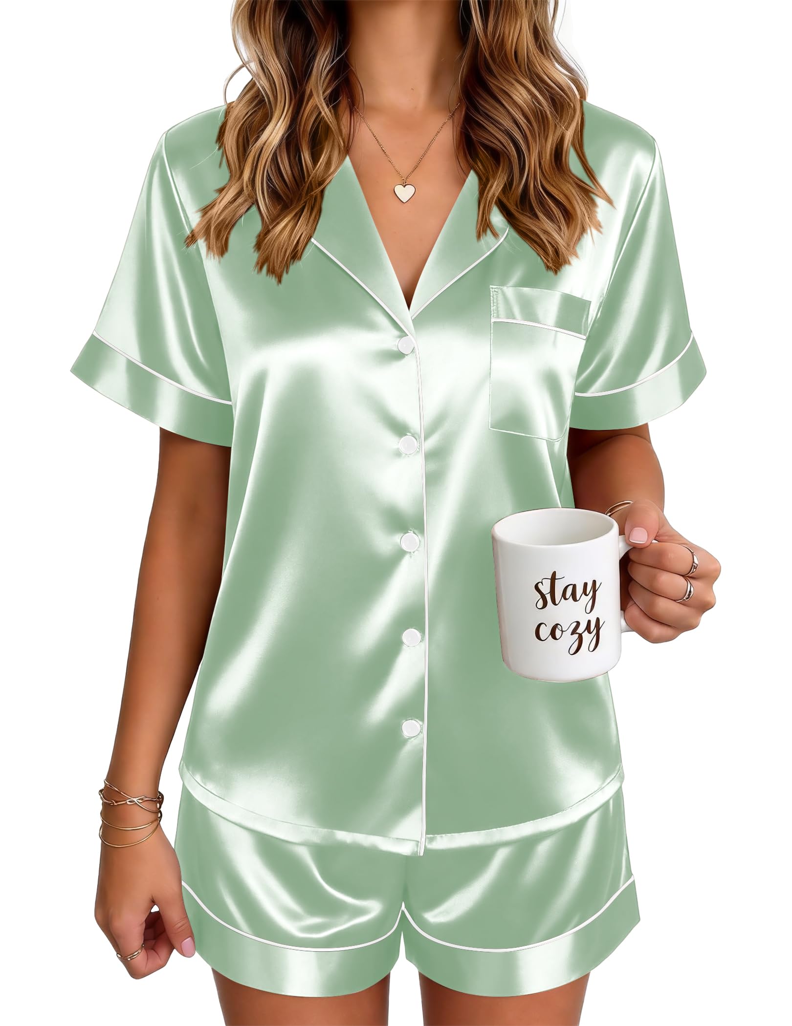 Ekouaer Satin Pajamas for Women Silk Pjs Short Set 2 Piece Button Up Lounge Sets Short Sleeve Sleepwear S-XXL