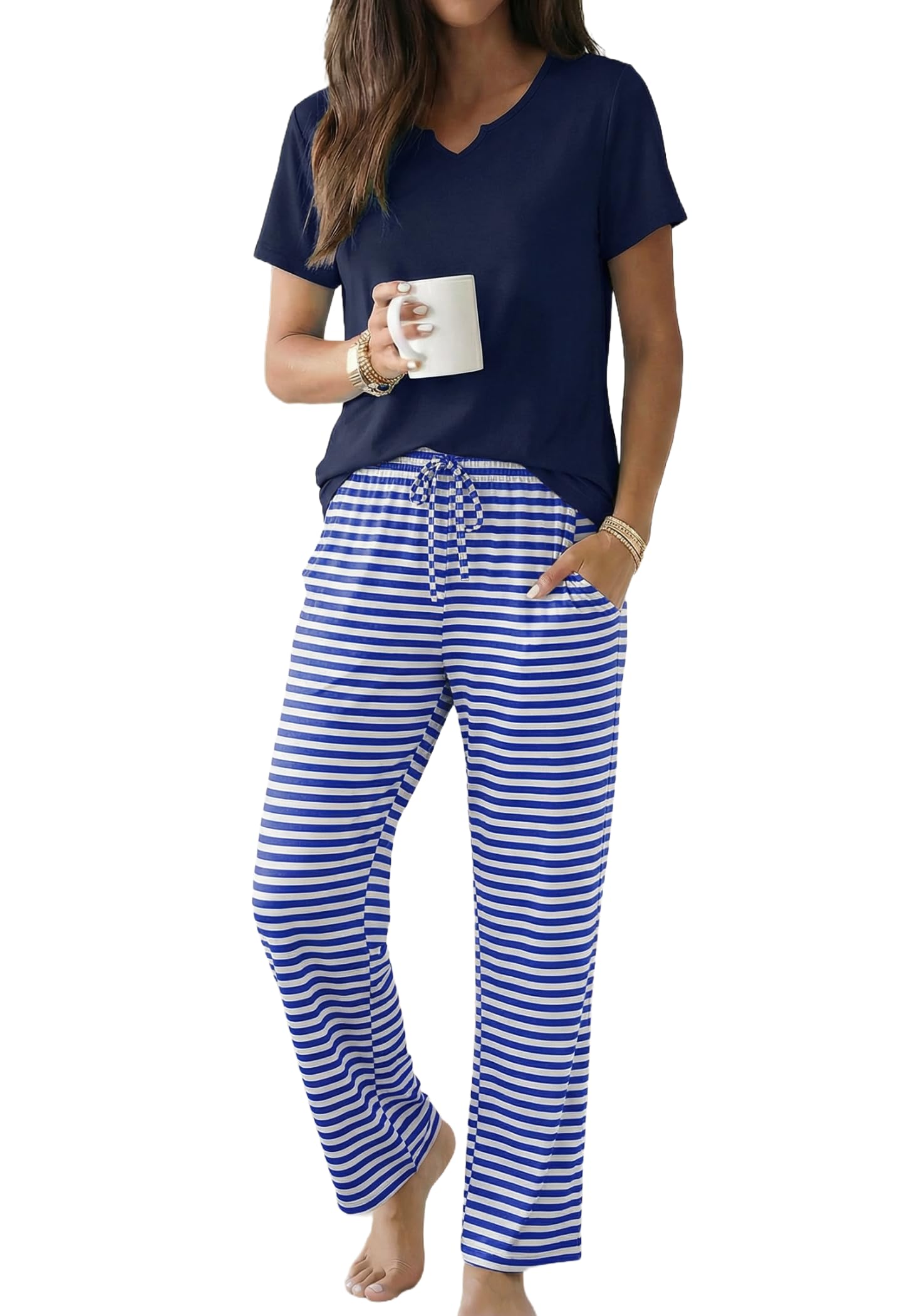 Ekouaer 2 Piece Womens Pajamas Short Sleeve Top and Long Pants Pjs Set Printed Sleepwear with Pocket WEBE CLOTHING