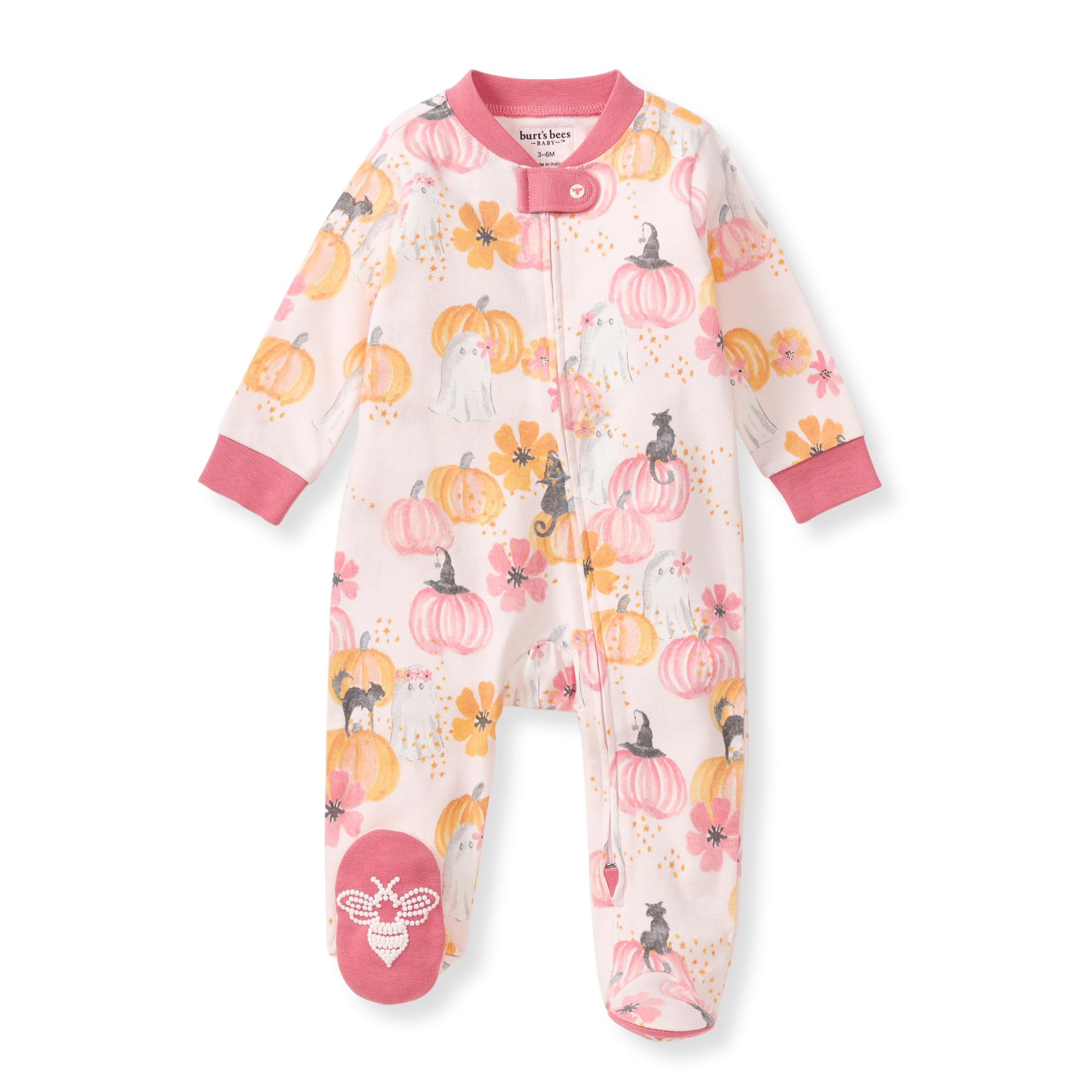 Burt's Bees Baby Organic Cotton Sleep and Play Footed Pajamas for Girls, Zipper PJ Newborn Sleeper with Non-Slip Bee Grips