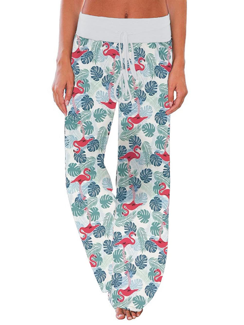 iChunhua Women's Comfy Stretch Floral Print Drawstring Palazzo Wide Leg Lounge Pant