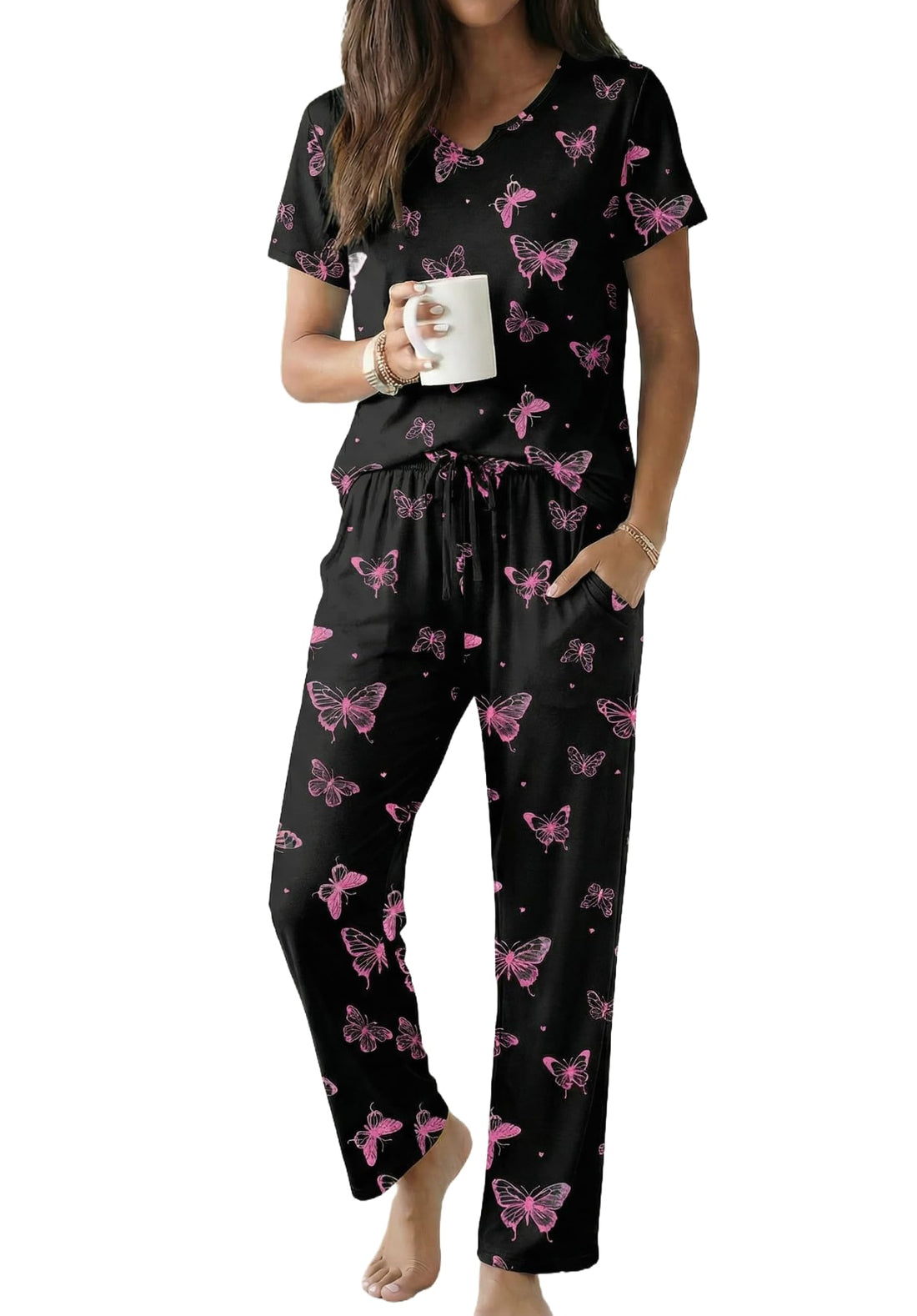 Ekouaer 2 Piece Womens Pajamas Short Sleeve Top and Long Pants Pjs Set Printed Sleepwear with Pocket WEBE CLOTHING
