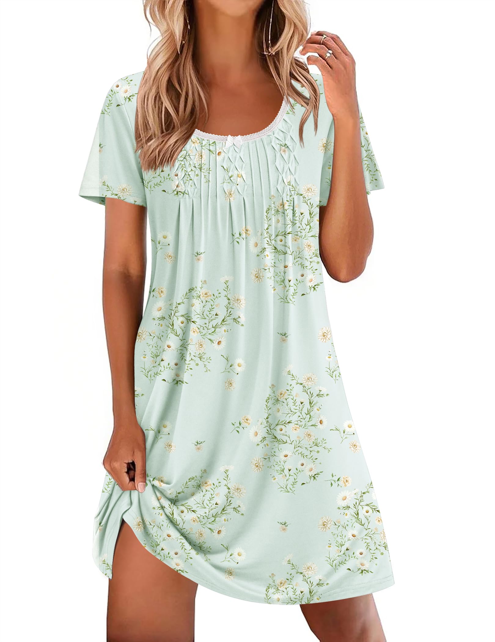 Ekouaer Nightgowns for Women Pleated Sleep Shirts Short Sleeve Night Shirts Lace Trim Night Gown Ladies Sleep Dress