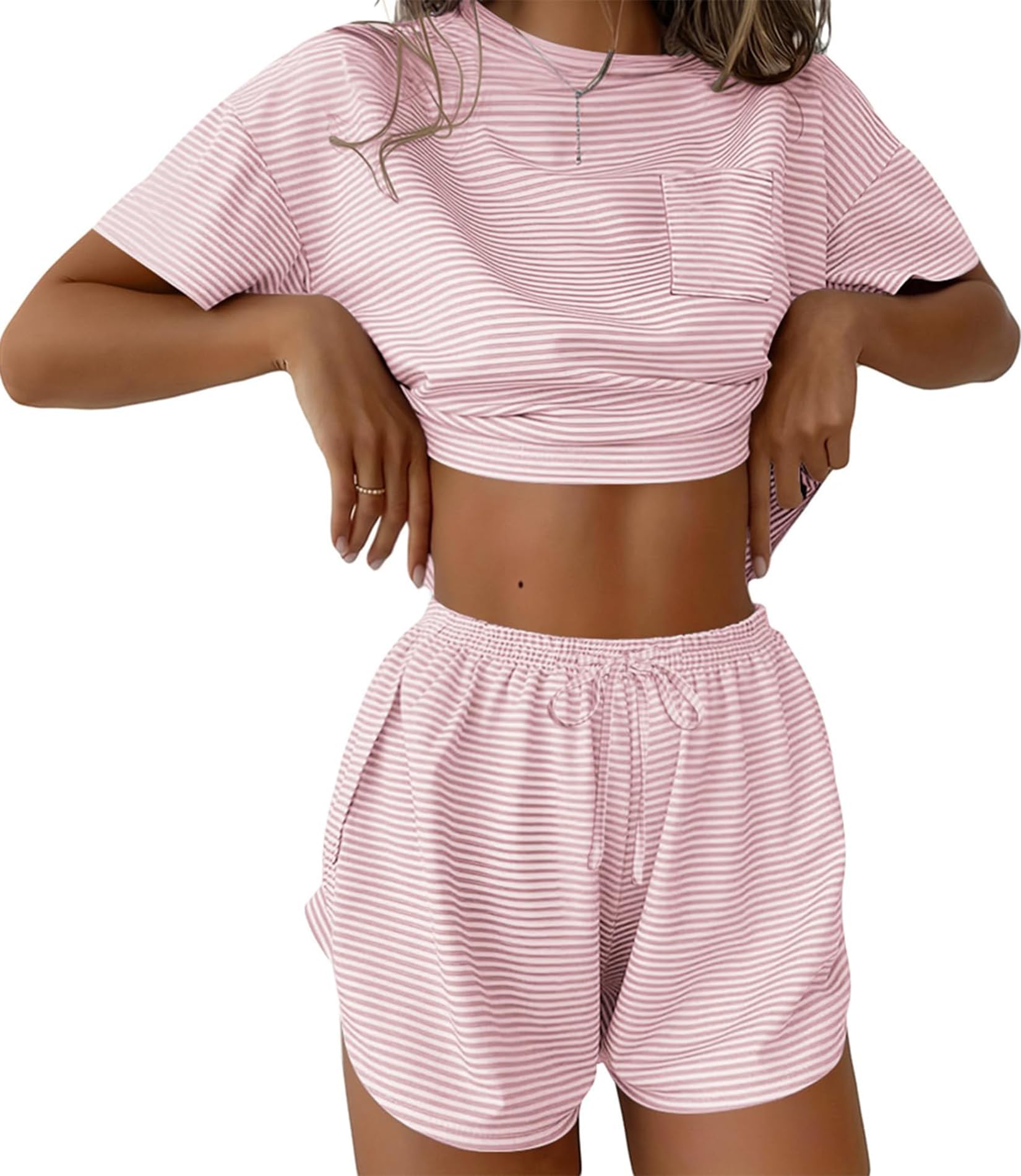 Women's 2 Piece Pajama Set Short Sleeve Sexy Side Split Short Lounge Set Cute Comfy Sleepwear Loungewear