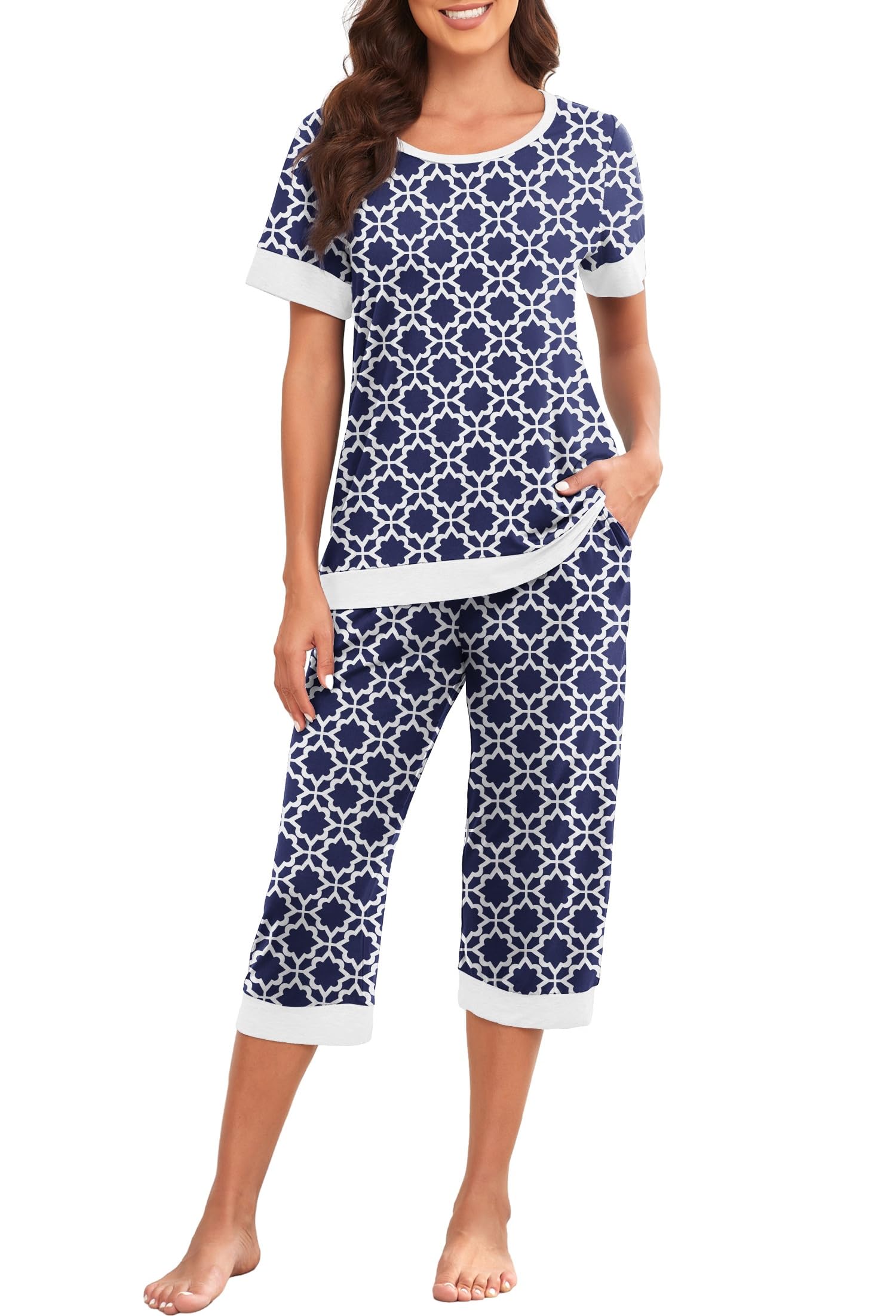 PrinStory Women's Pajama Set Short Sleeve Shirt and Capri Pants Sleepwear Pjs Sets Lounge Set WEBE CLOTHING