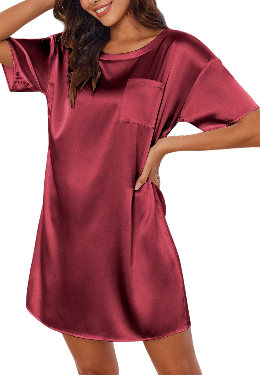 Ekouaer Silk Sleep Shirts for Women Satin Nightshirt Tshirt Nightgown Short Sleeve Round Neck Sleepwear with Pocket S-2XL