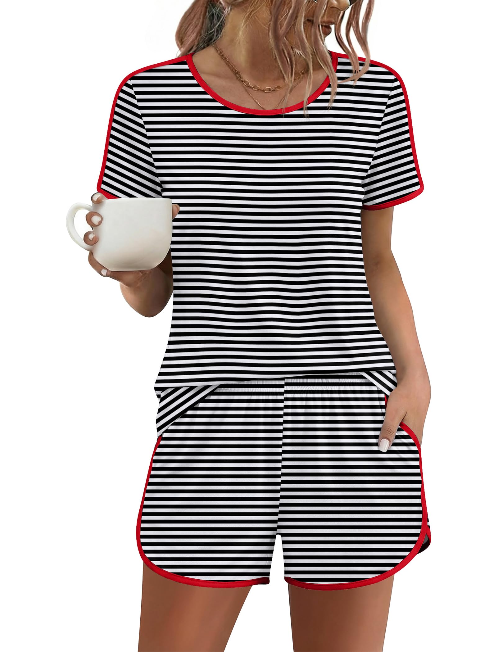 Ekouaer Womens Pajama Sets Short Sleeve Sleepwear Soft Pjs Sets Round Neck Summer 2 Piece Lounge Set with Pockets S-XXL