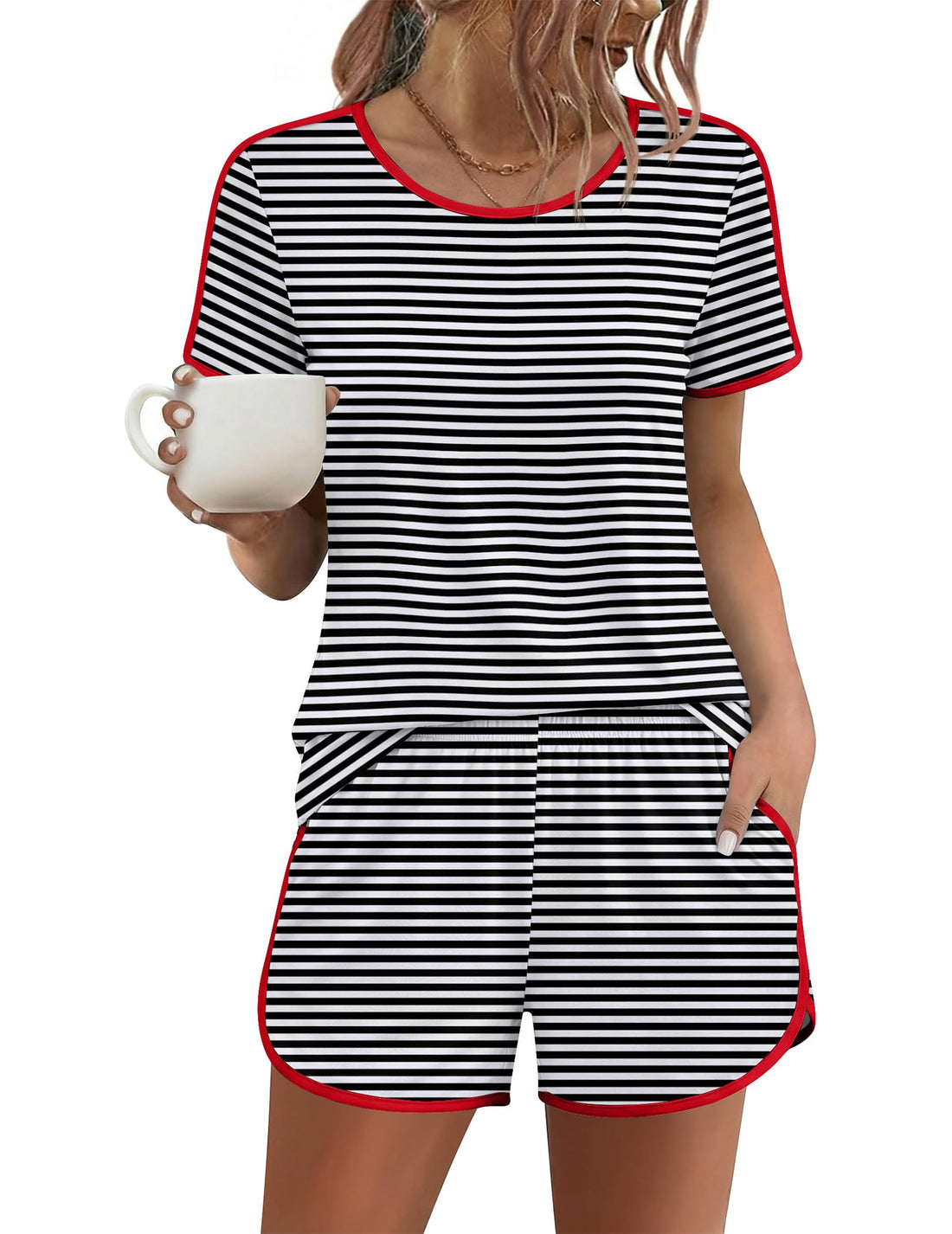Ekouaer Womens Pajama Sets Short Sleeve Sleepwear Soft Pjs Sets Round Neck Summer 2 Piece Lounge Set with Pockets S-XXL