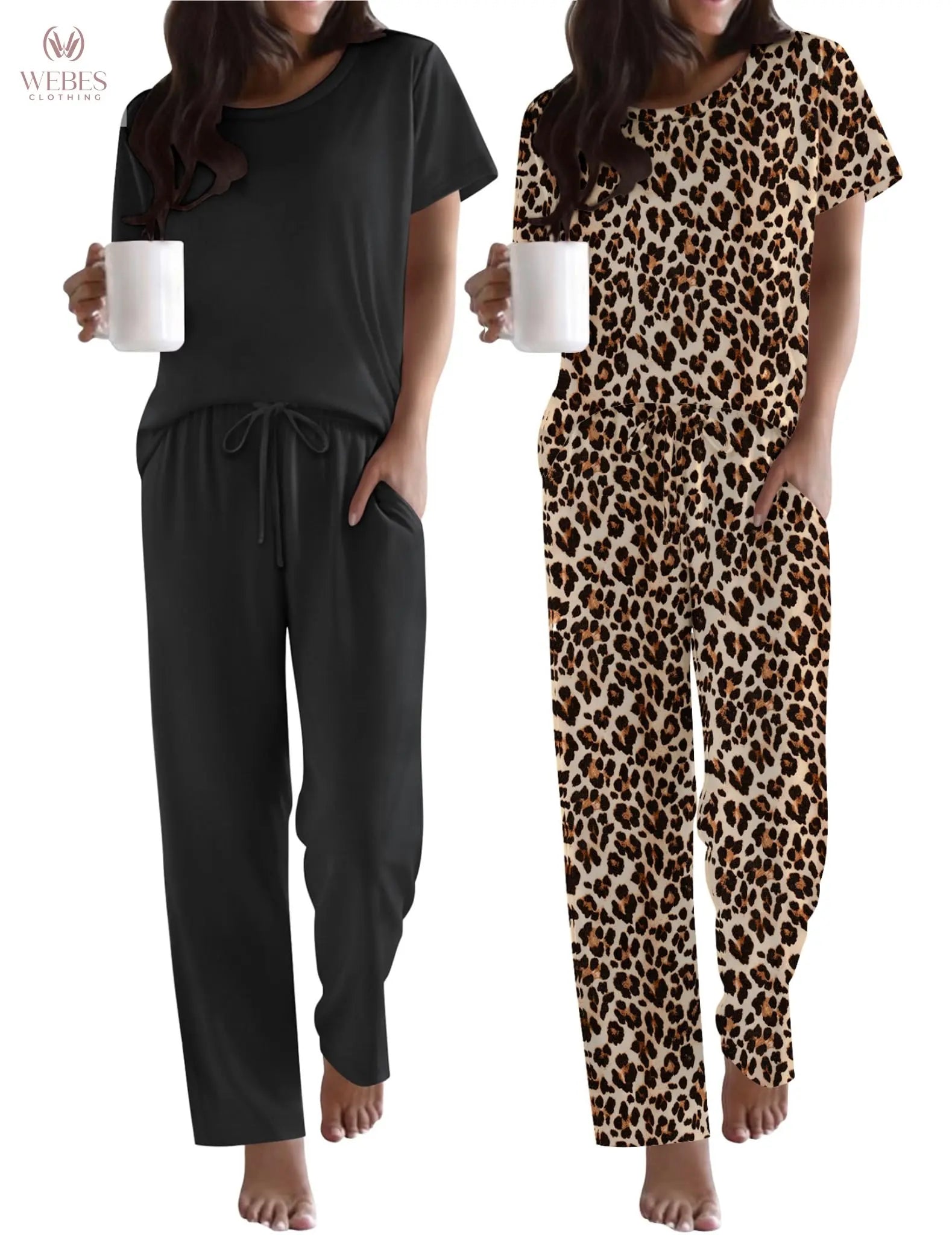Ekouaer 2 Pack Pajamas for Women Set Short Sleeve Pj Top and Printed Pants | Soft PJs Cozy Printed Lounge Sets Comfy Sleepwear with Pockets WEBE CLOTHING