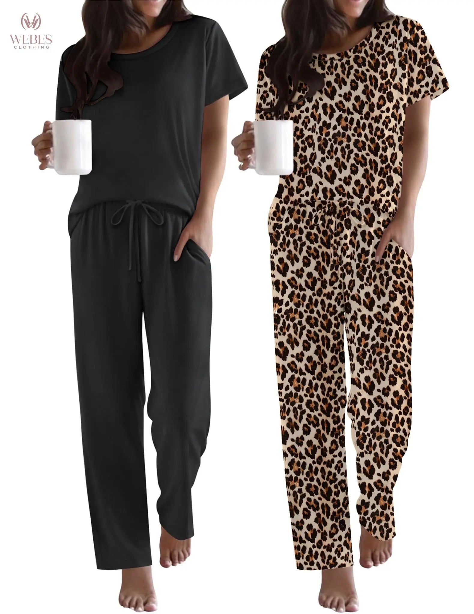 Ekouaer 2 Pack Pajamas for Women Set Short Sleeve Pj Top and Printed Pants | Soft PJs Cozy Printed Lounge Sets Comfy Sleepwear with Pockets WEBE CLOTHING