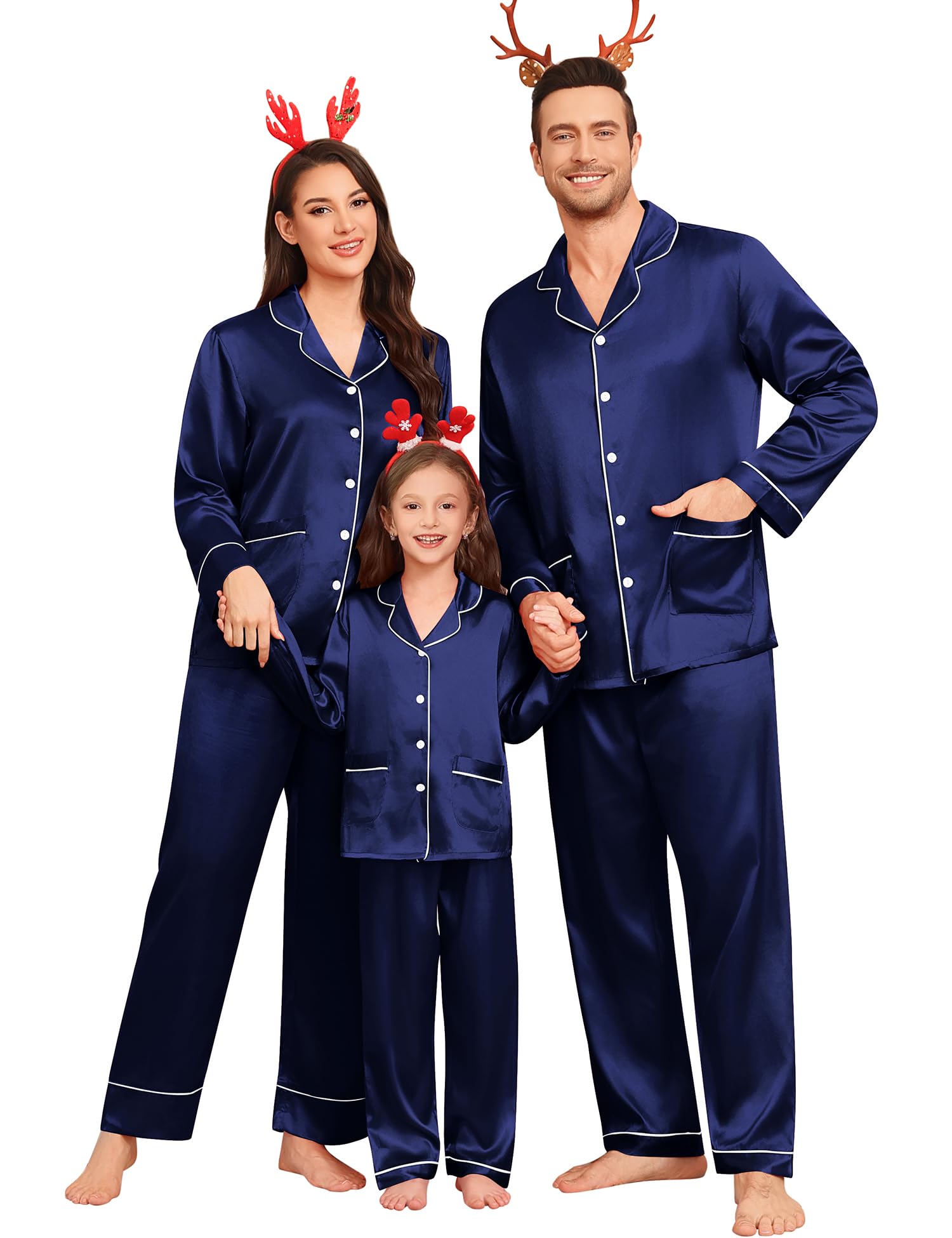 SWOMOG Matching Family Pajamas Set Women & Men & Kids Silk Satin Pjs 2 Pcs Long Sleeve Button Down Sleepwear with 2 Pockets