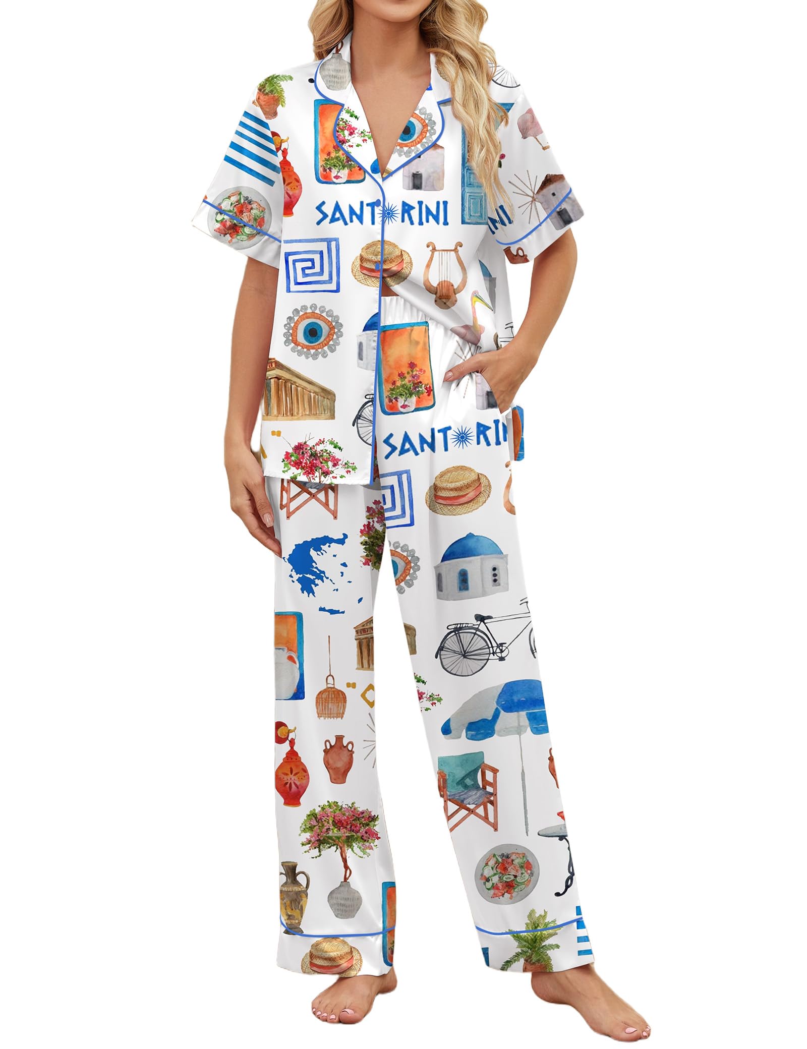 SHESHOW Satin Pajamas for Women Set Button Down Sleepwear Print Pjs Set 2 Piece Short Sleeve Long Loungewear Size XS-XXL WEBE CLOTHING