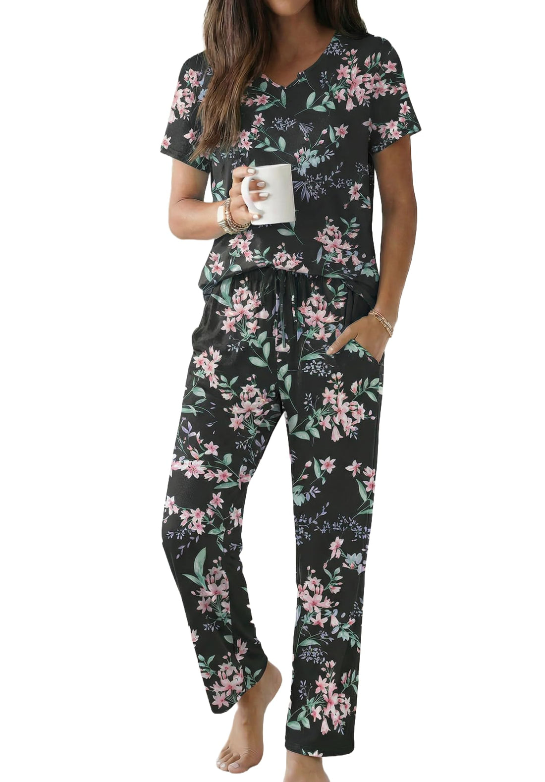 Ekouaer 2 Piece Womens Pajamas Short Sleeve Top and Long Pants Pjs Set Printed Sleepwear with Pocket WEBE CLOTHING