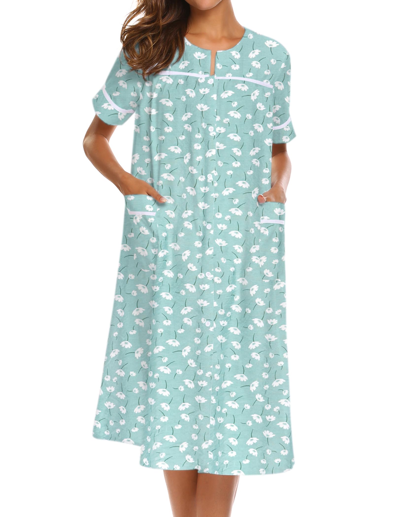 Ekouaer House Dress for Women with Pockets Duster Button Down Nightgown | Nightgowns for Women, Button Dwon House Dress with Pockets, Short Sleeve Duster Housecoat, Moo Moos for Elderly, Mumu Dress WEBE CLOTHING