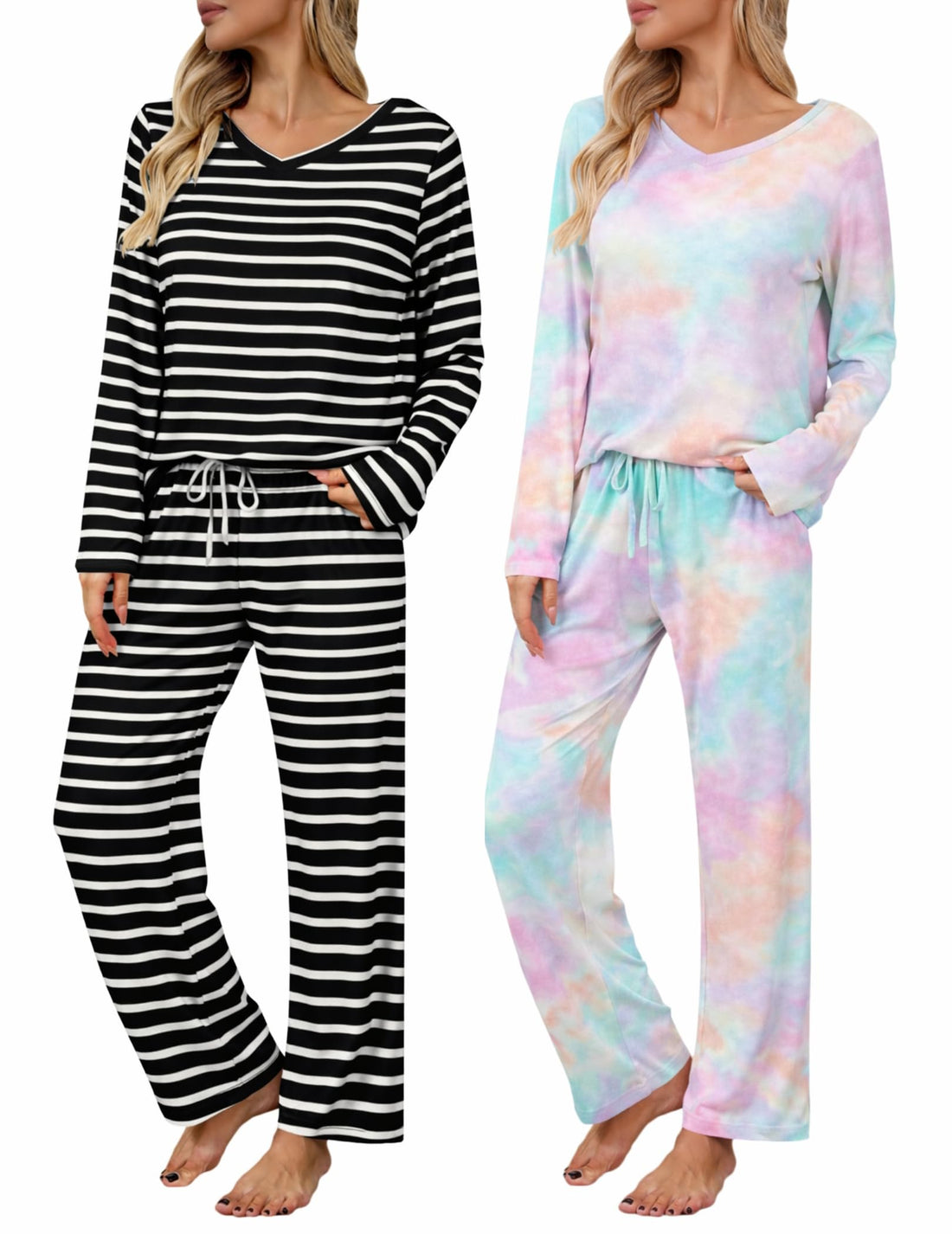 Ekouaer Womens 2 Pack Pajama Set Long Sleeve Pajamas Top and Pants V Neck Pjs Set Soft Loungewear with Pockets